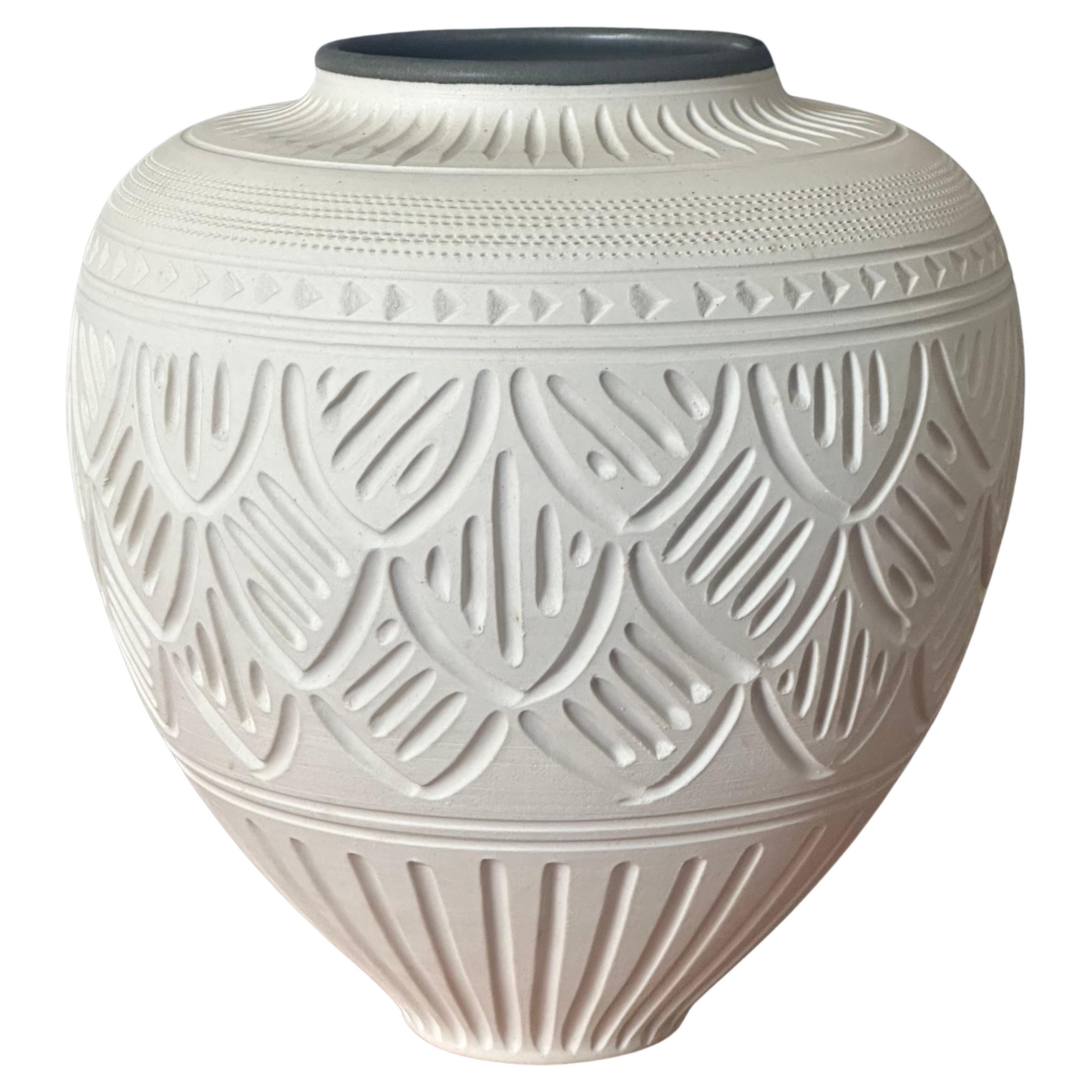 Incised Geometric Design Bisque Porcelain Vase by Nancy Smith For Sale