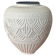 Retro Incised Geometric Design Bisque Porcelain Vase by Nancy Smith