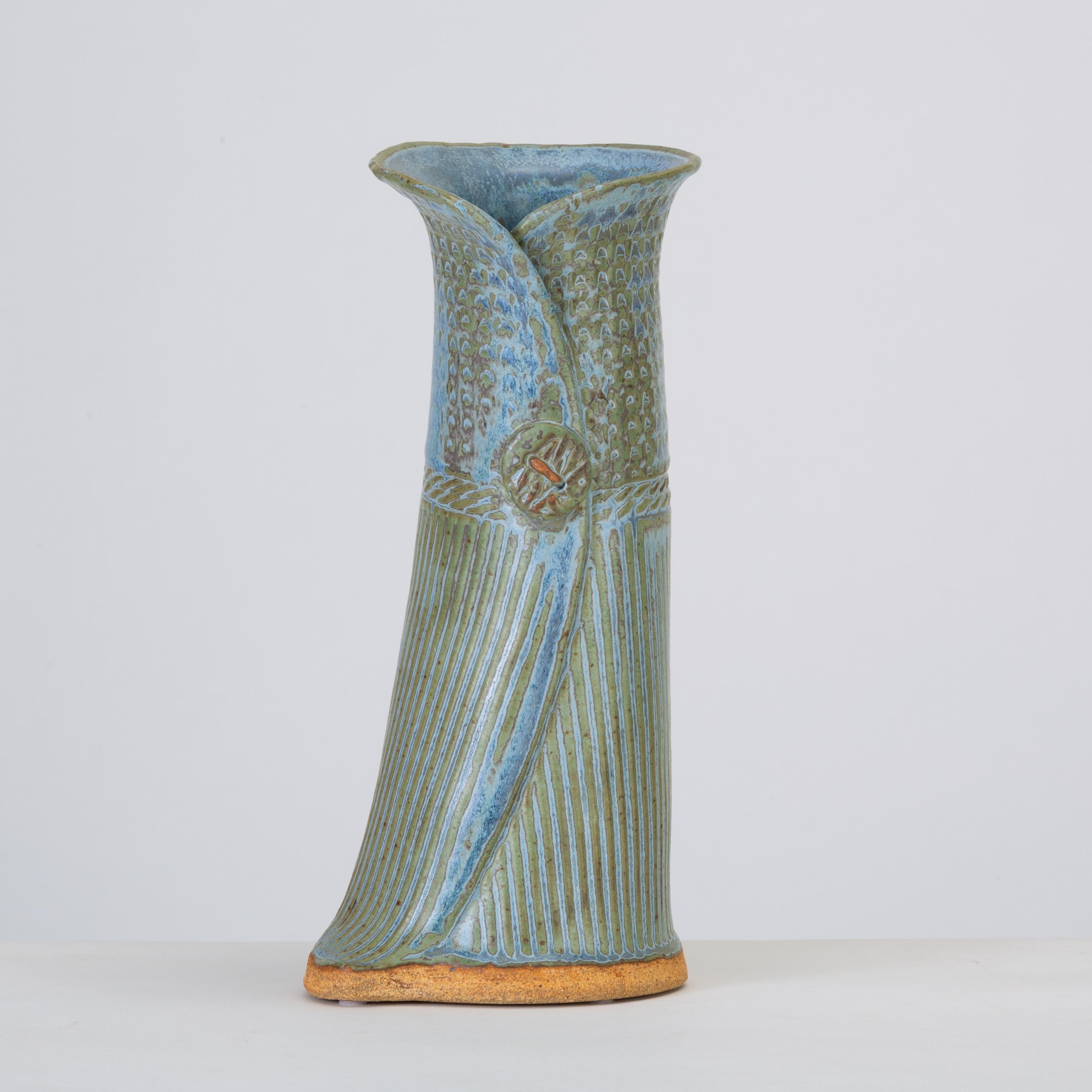 Glazed Incised Vase with Button Detail