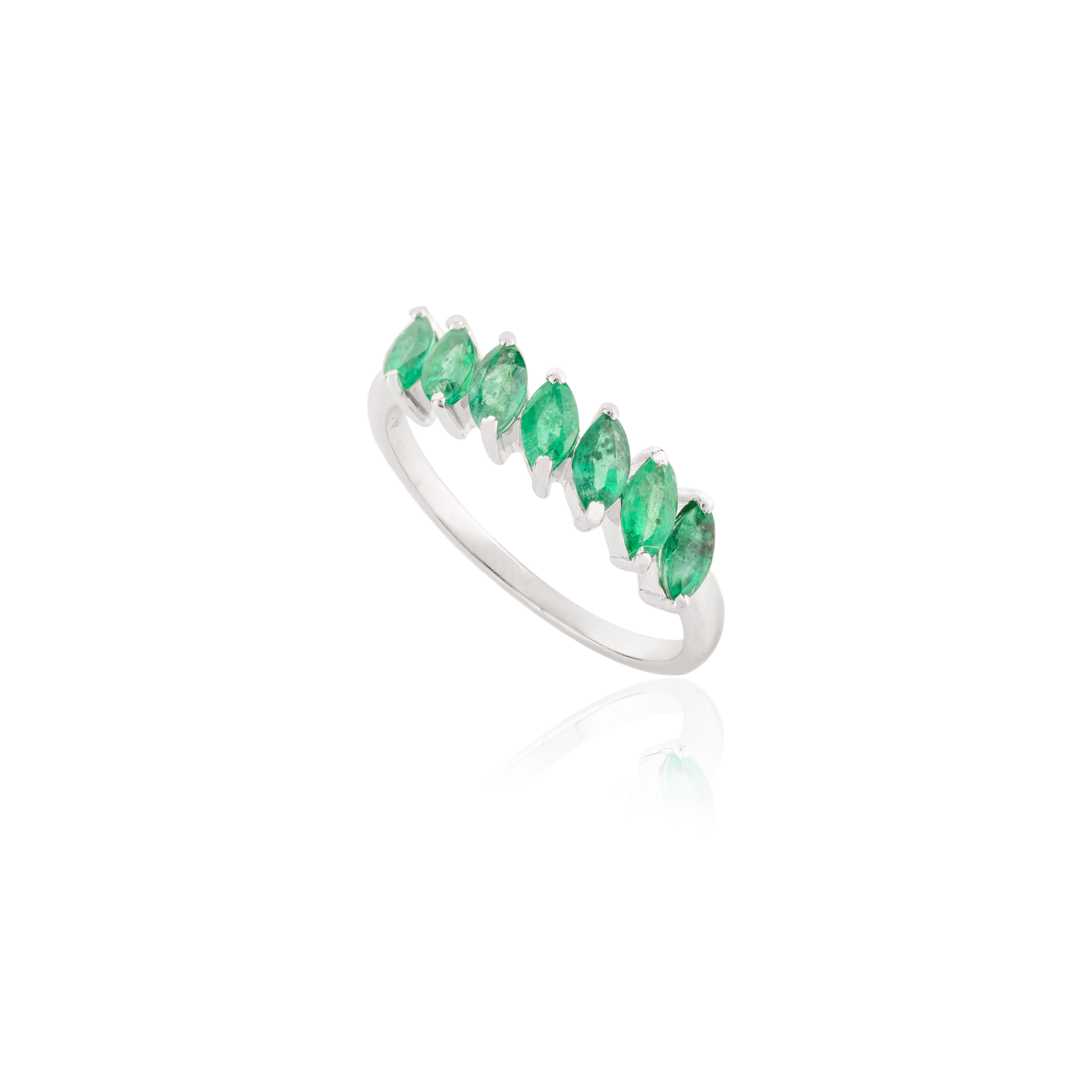 For Sale:  Incline Marquise Emerald Half Eternity Minimal Band Ring in 14k Solid White Gold 3
