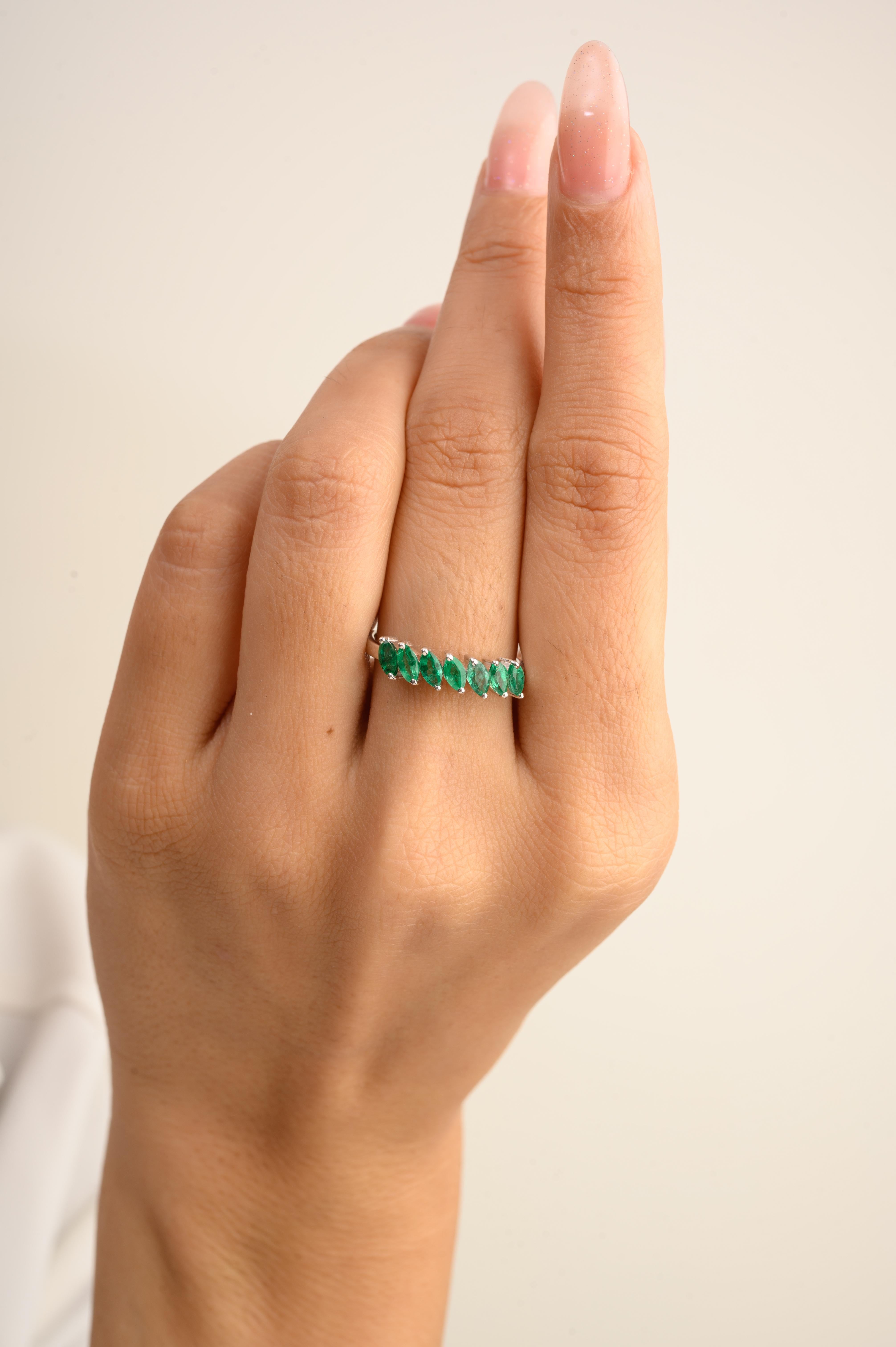 For Sale:  Incline Marquise Emerald Half Eternity Minimal Band Ring in 14k Solid White Gold 4