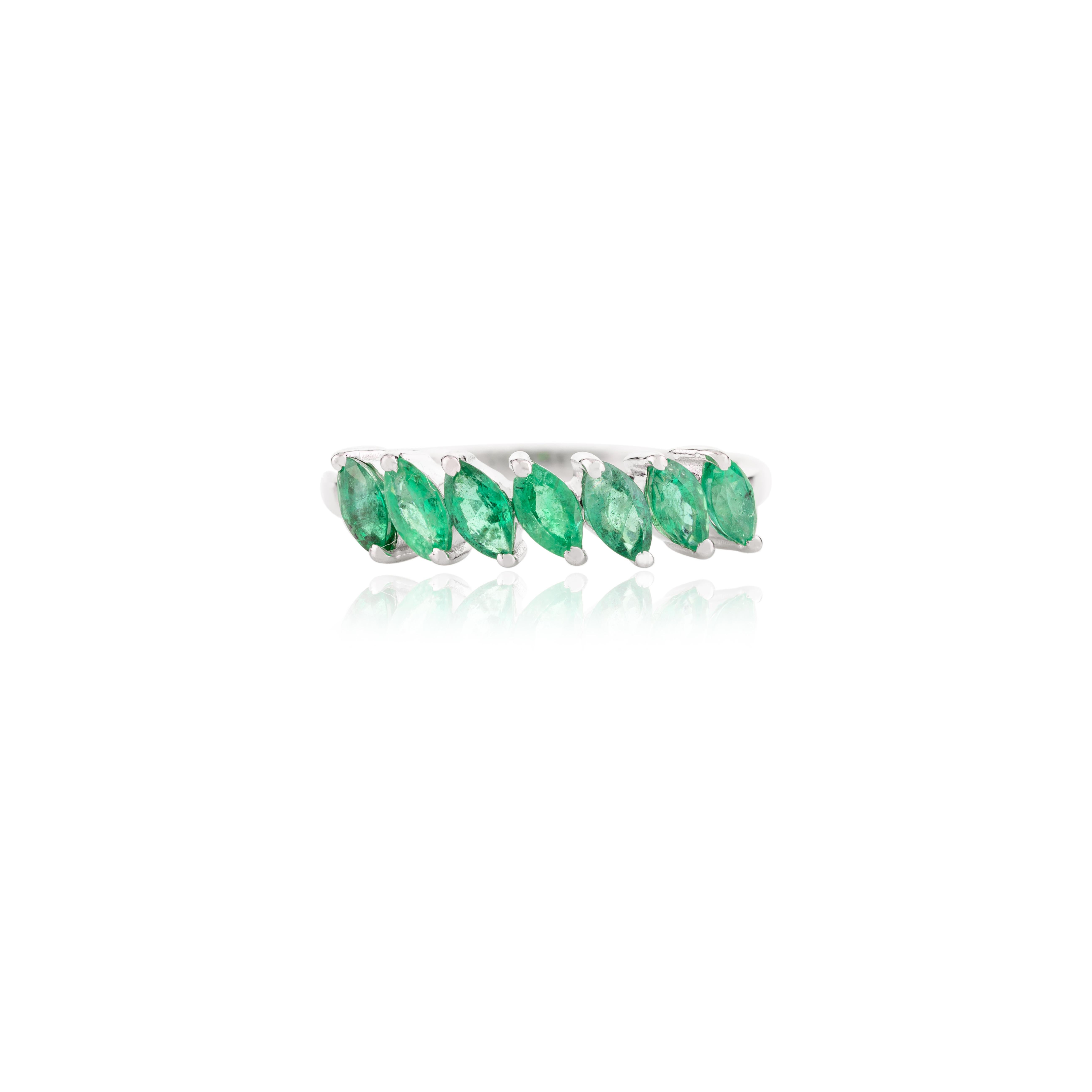 For Sale:  Incline Marquise Emerald Half Eternity Minimal Band Ring in 14k Solid White Gold 6