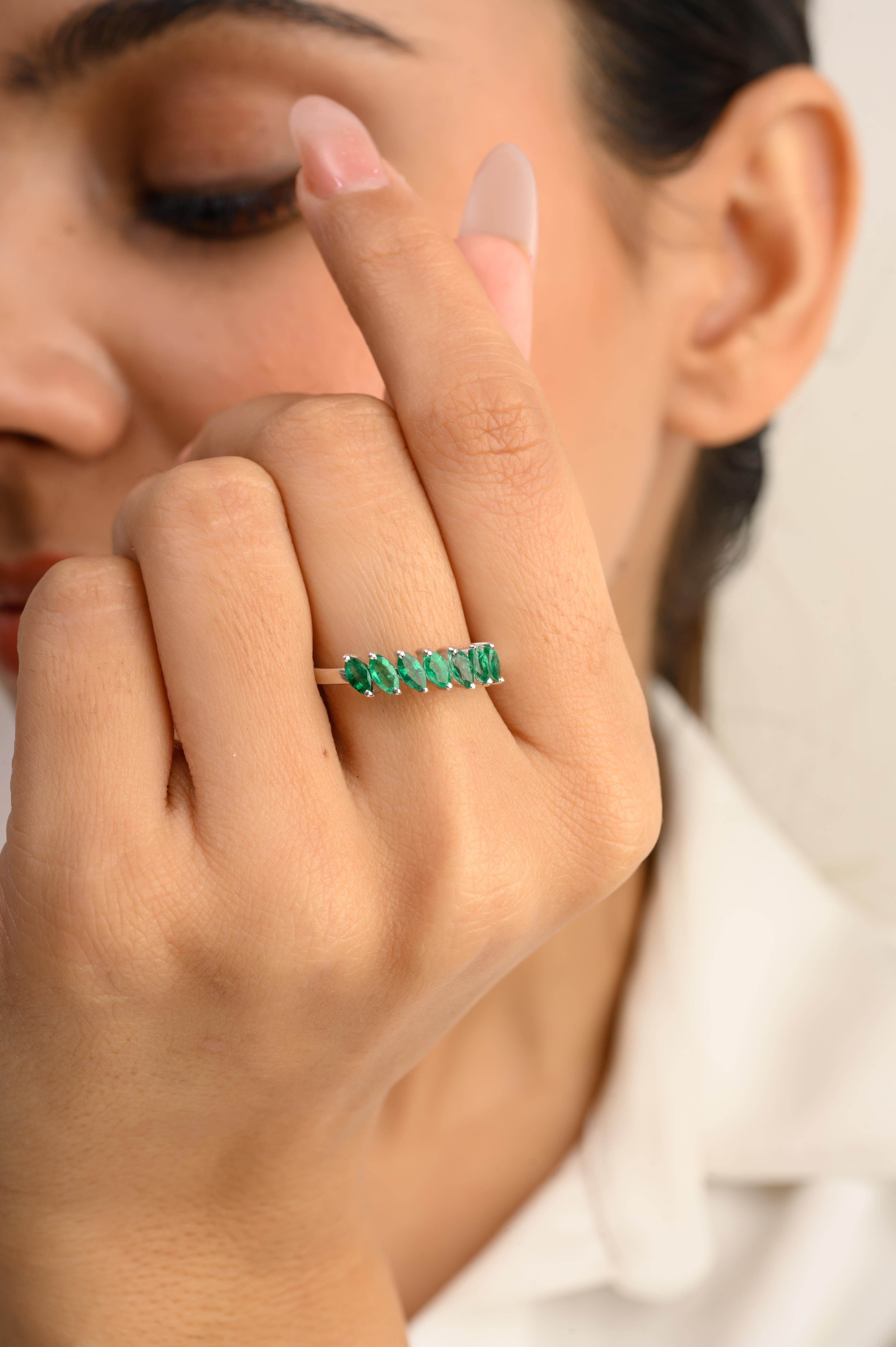 For Sale:  Incline Marquise Emerald Half Eternity Minimal Band Ring in 14k Solid White Gold 7