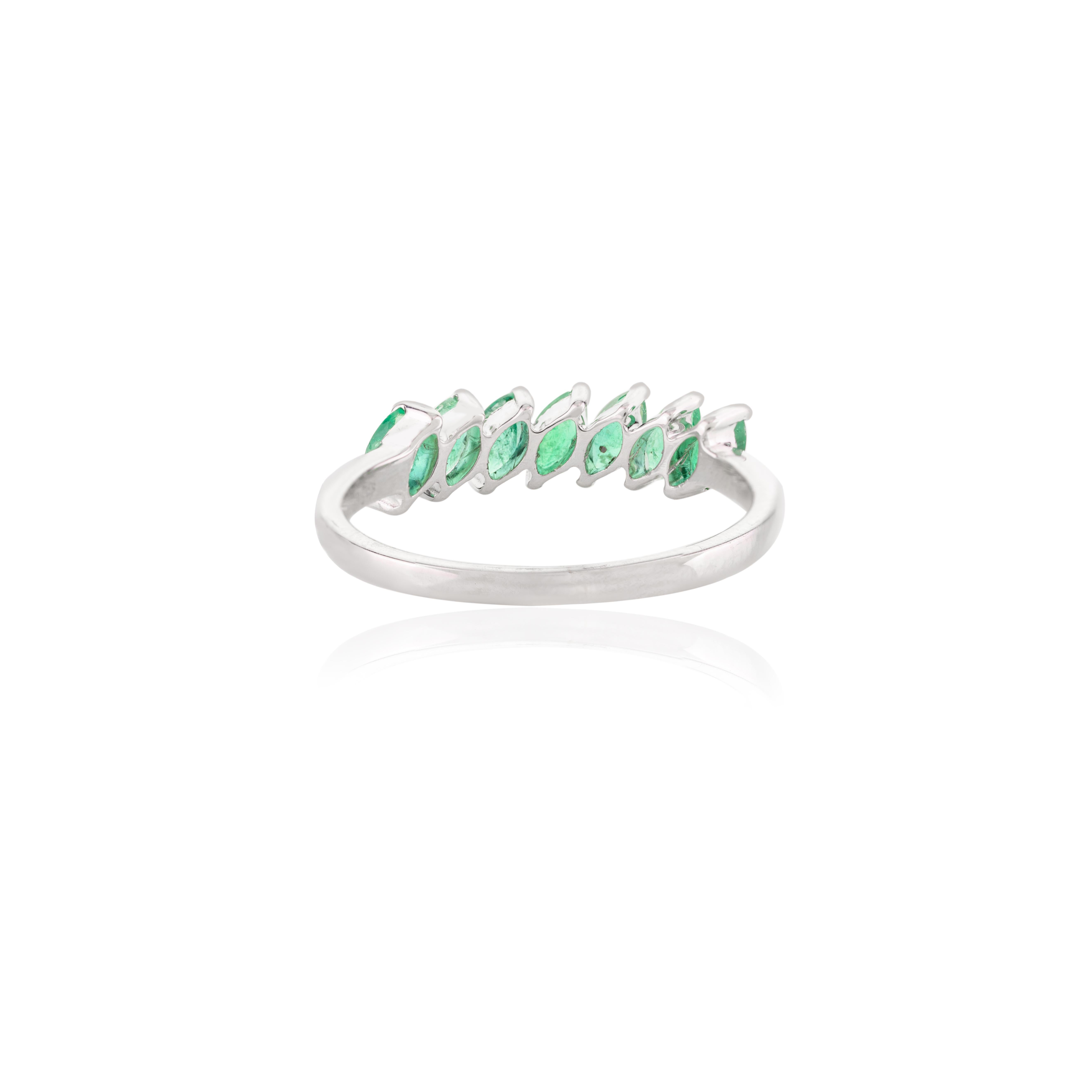 For Sale:  Incline Marquise Emerald Half Eternity Minimal Band Ring in 14k Solid White Gold 8