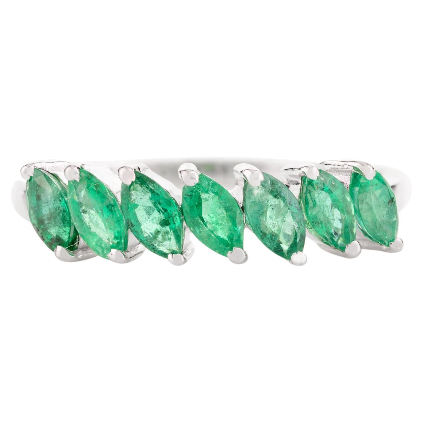 For Sale:  Incline Marquise Emerald Half Eternity Minimal Band Ring in 14k Solid White Gold