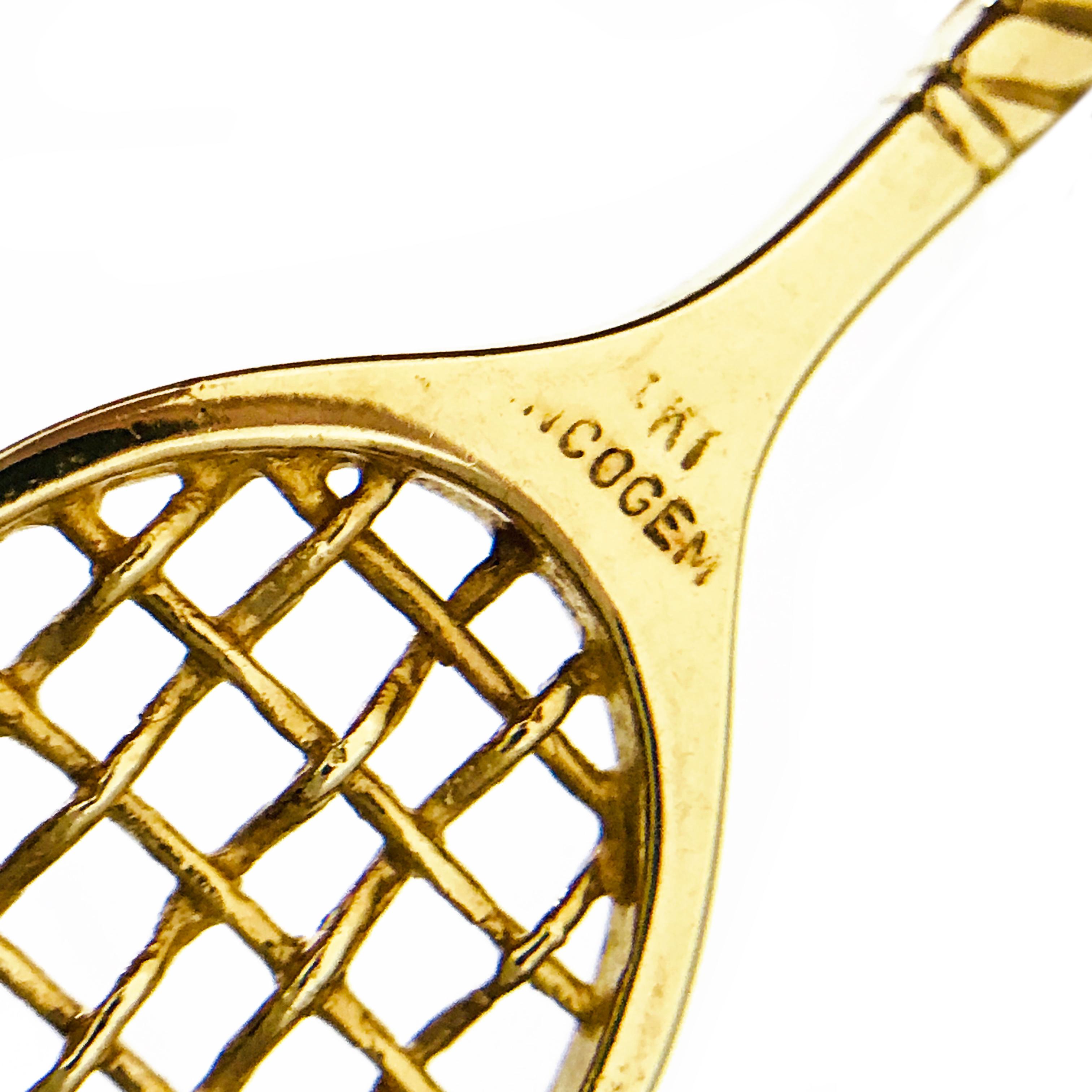 Retro Incogem Yellow Gold Diamond Tennis Racket Pendant For Sale