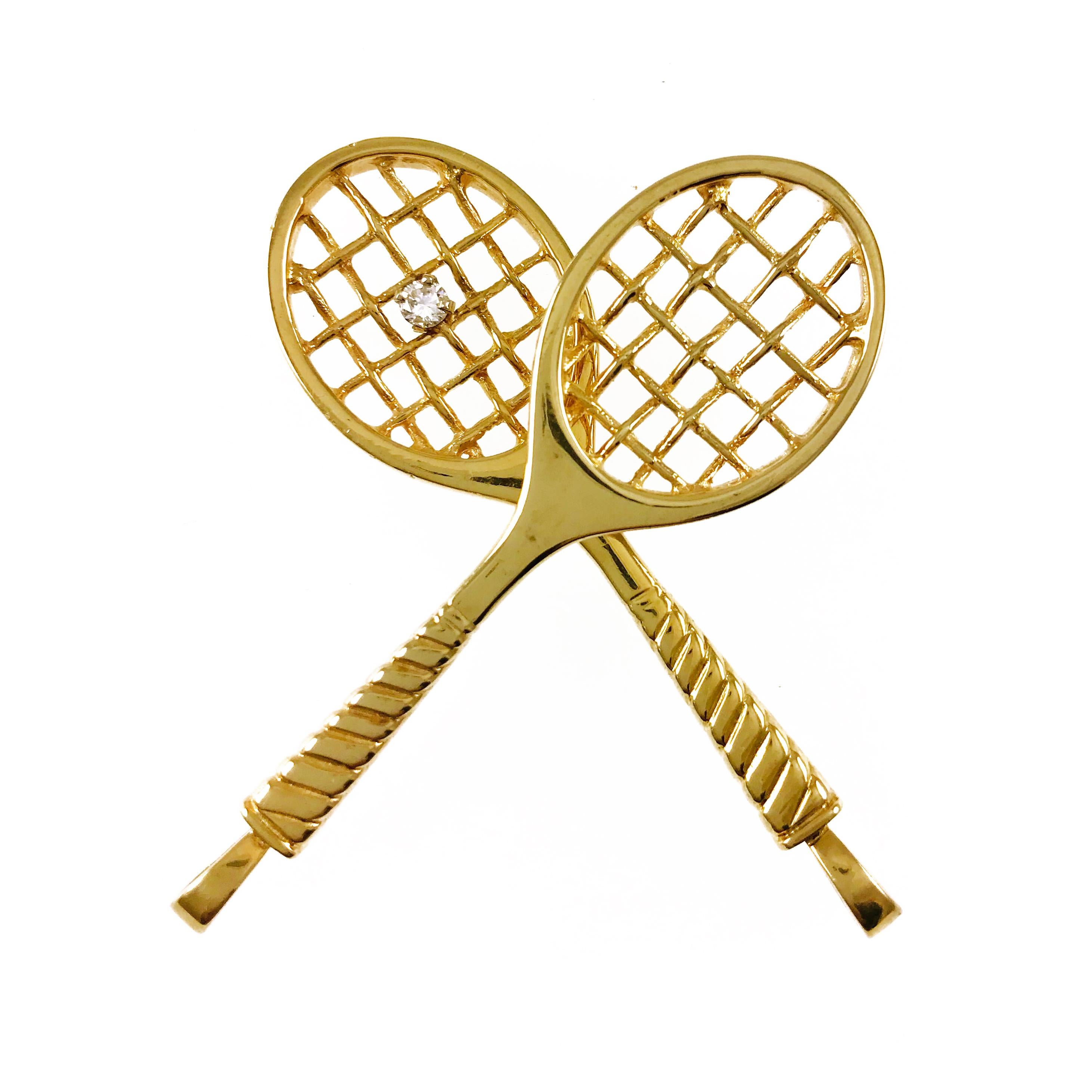 Round Cut Incogem Yellow Gold Diamond Tennis Racket Pendant For Sale
