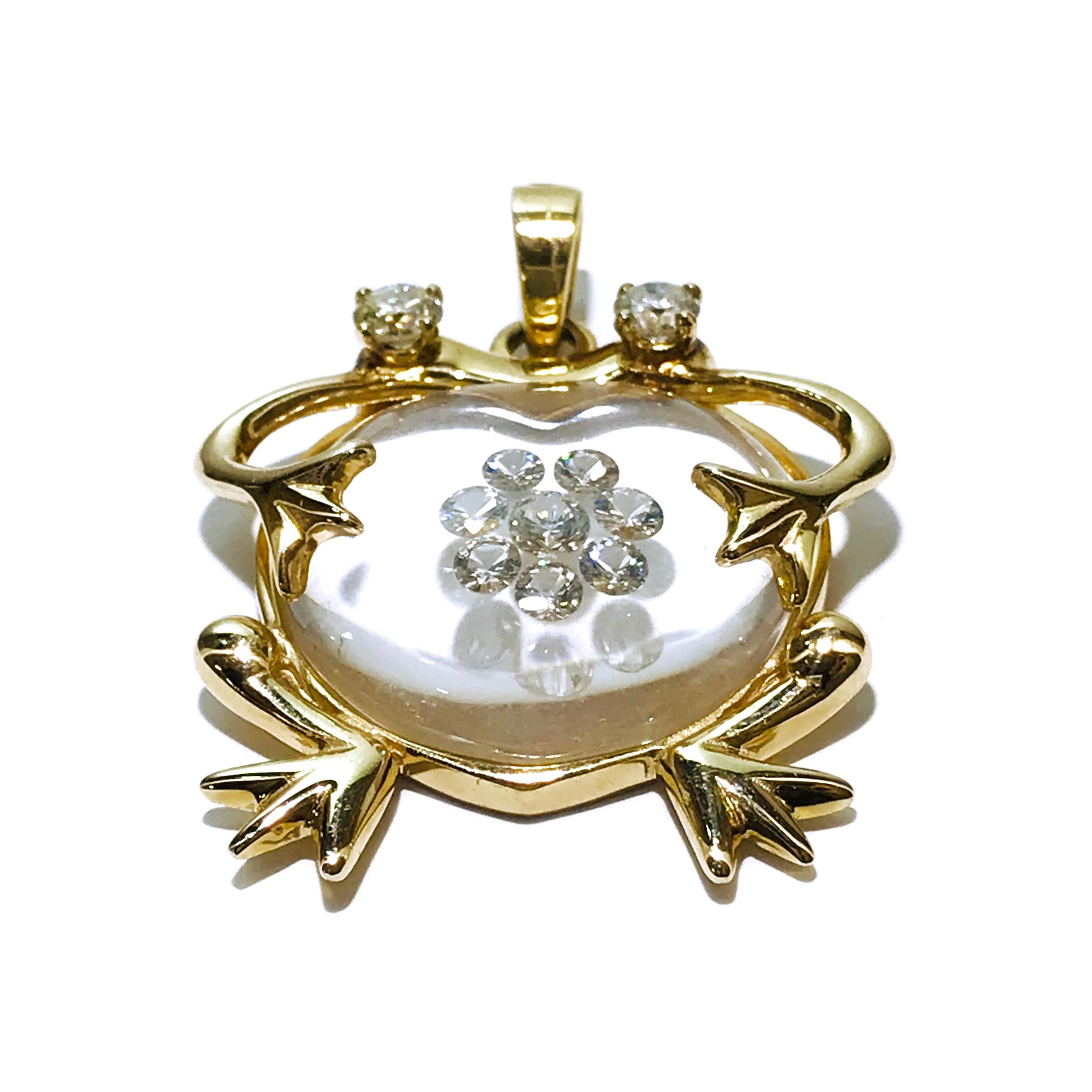 Round Cut Floating Diamond Frog Pendant 14 Karat Gold For Sale