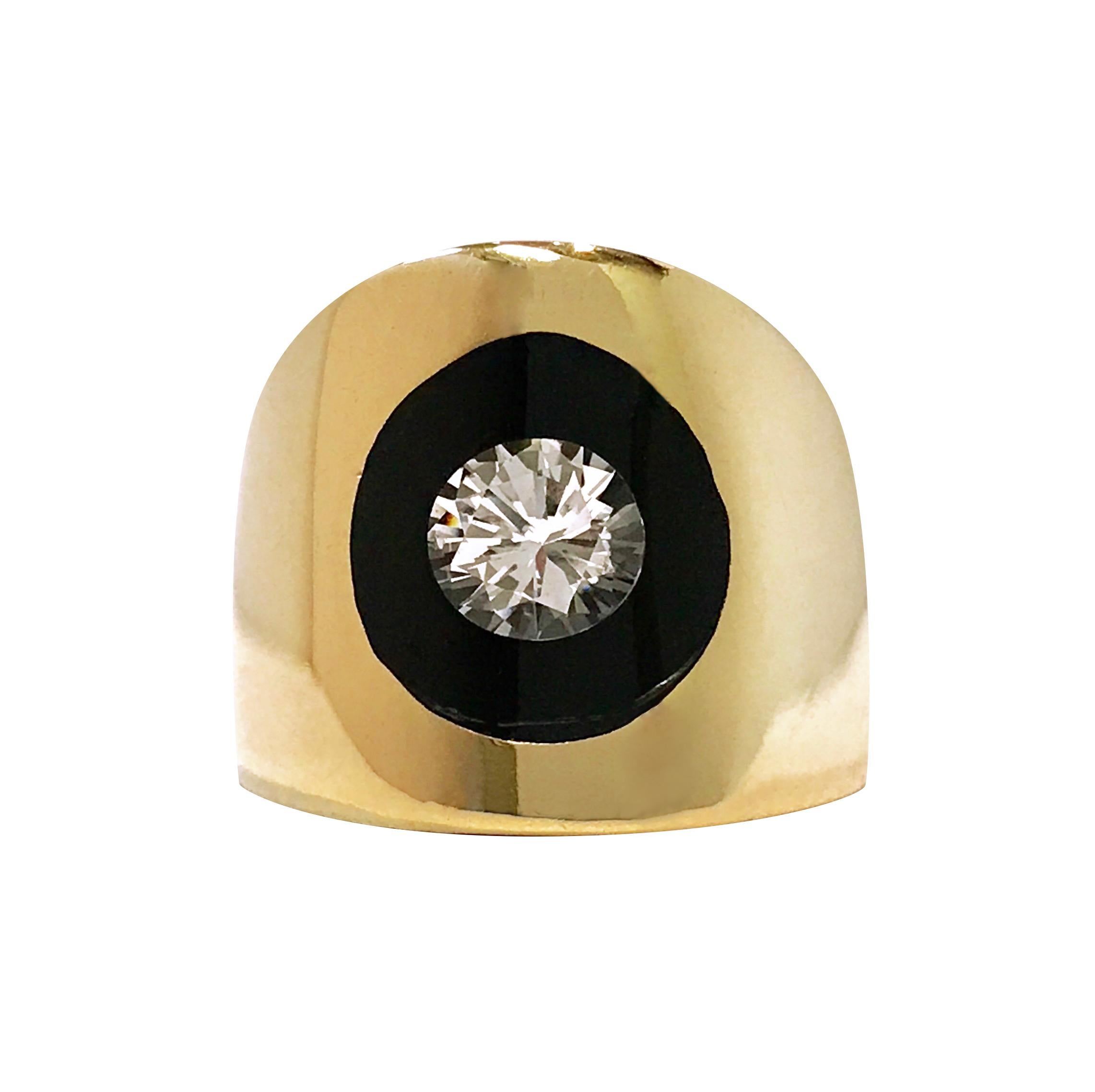 This is the Incogem Floating Diamond Lucite Ring, a striking handcrafted design in 14K yellow gold. At its center is a 0.50ct round brilliant-cut diamond, G color and VS1 clarity (GIA certified), appearing to float within a clear Lucite dome. The