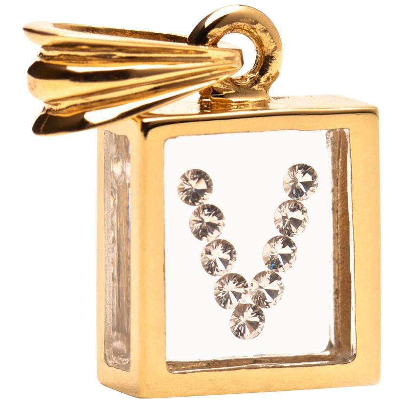 Incogem Floating Diamond Pendant 14 Karat Yellow Gold 'Letter V' For Sale