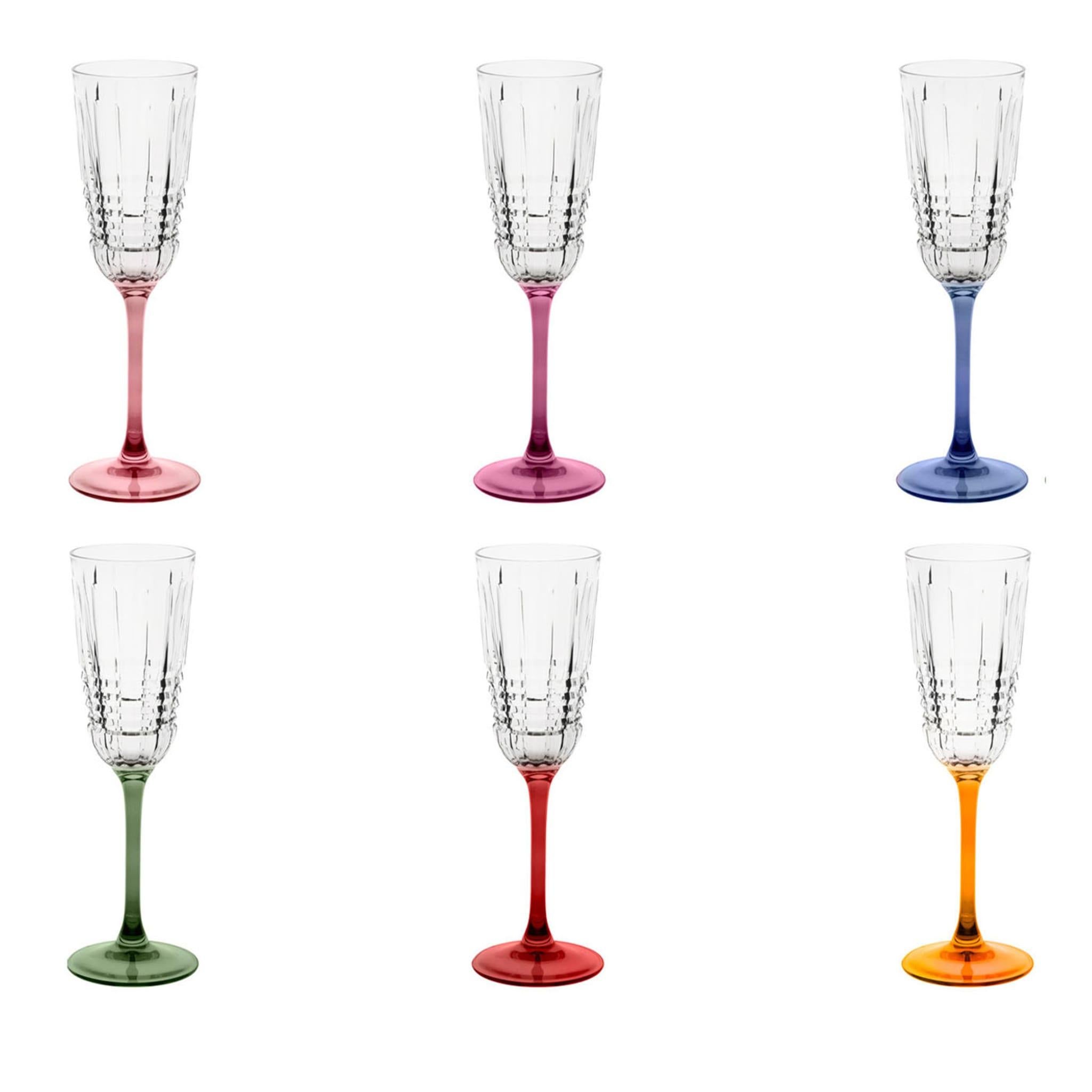 Traditional allure and eclectic style effortlessly come together in this elegant set of six champagne flutes. Exquisitely crafted of crystal, each flutes boasts a different vibrant shade for foot and stem, while the transparent bowl is superbly