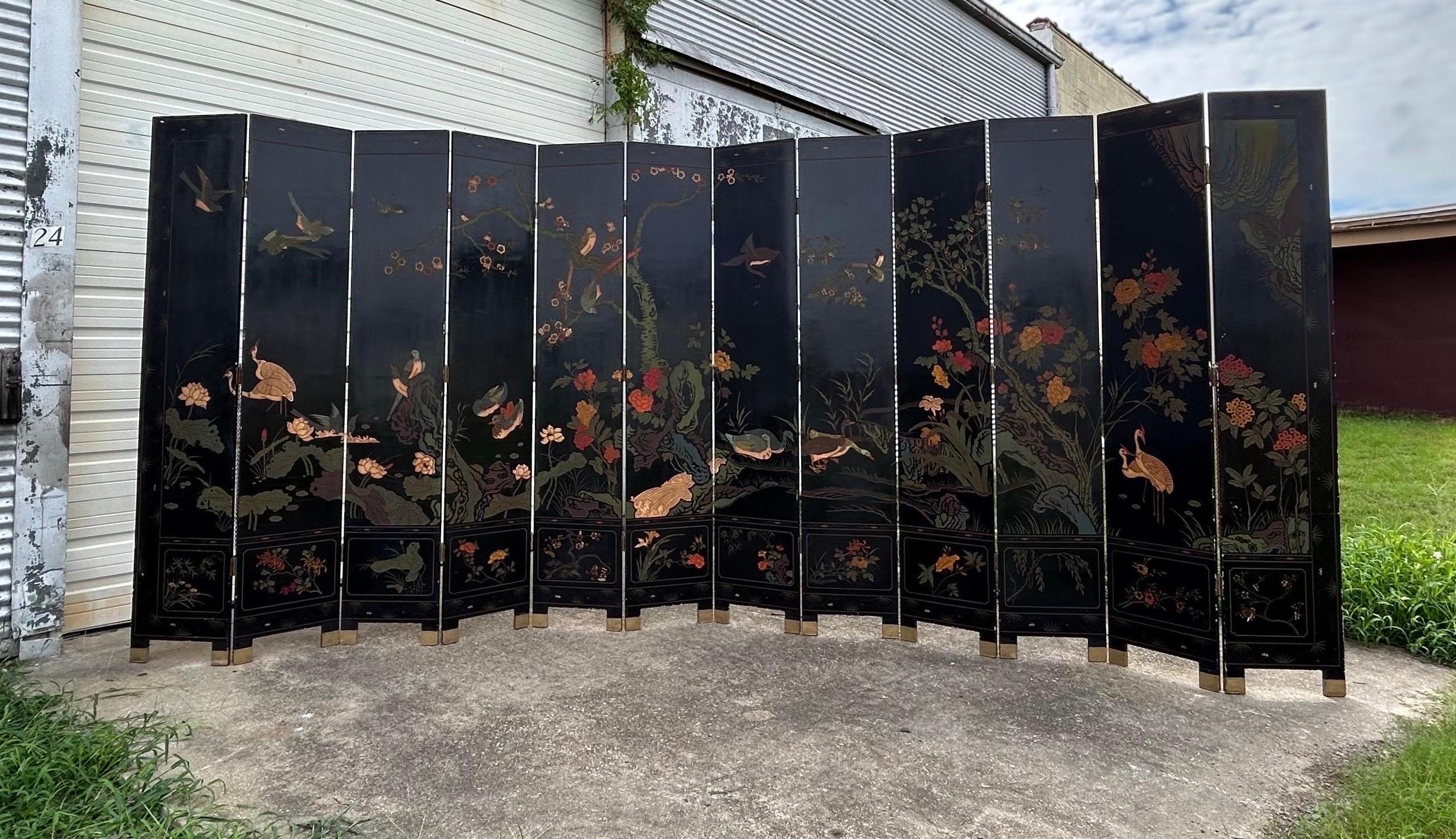 Incredible large scale 12 panel chinoiserie double sided screen. Great size and scale- could cover an entire 18’ wall.