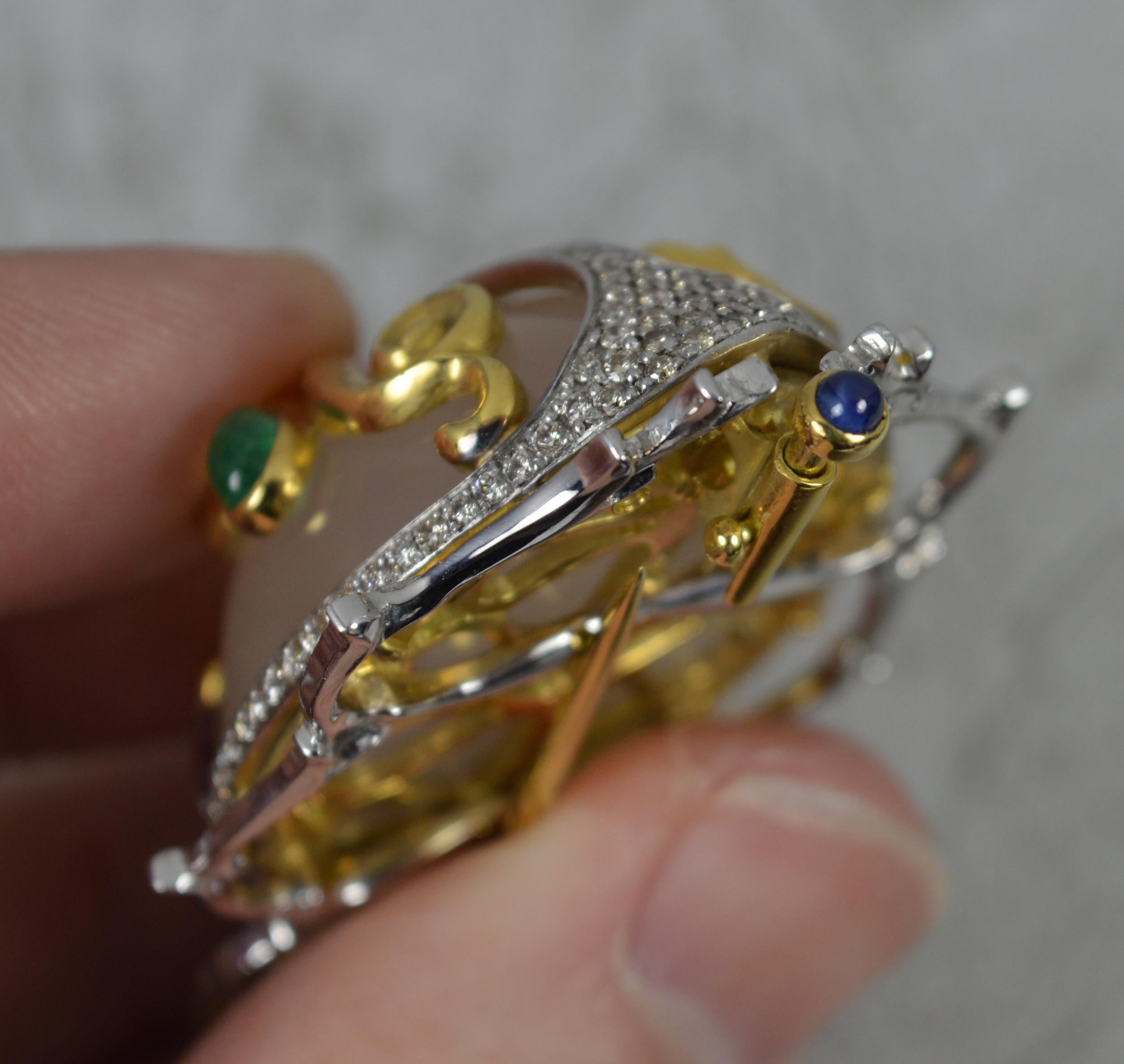 Unglaubliche BEETLE-Brosche, 18 Karat Gold Achat Saphir Smaragd Perle Diamant 44,7 g 6