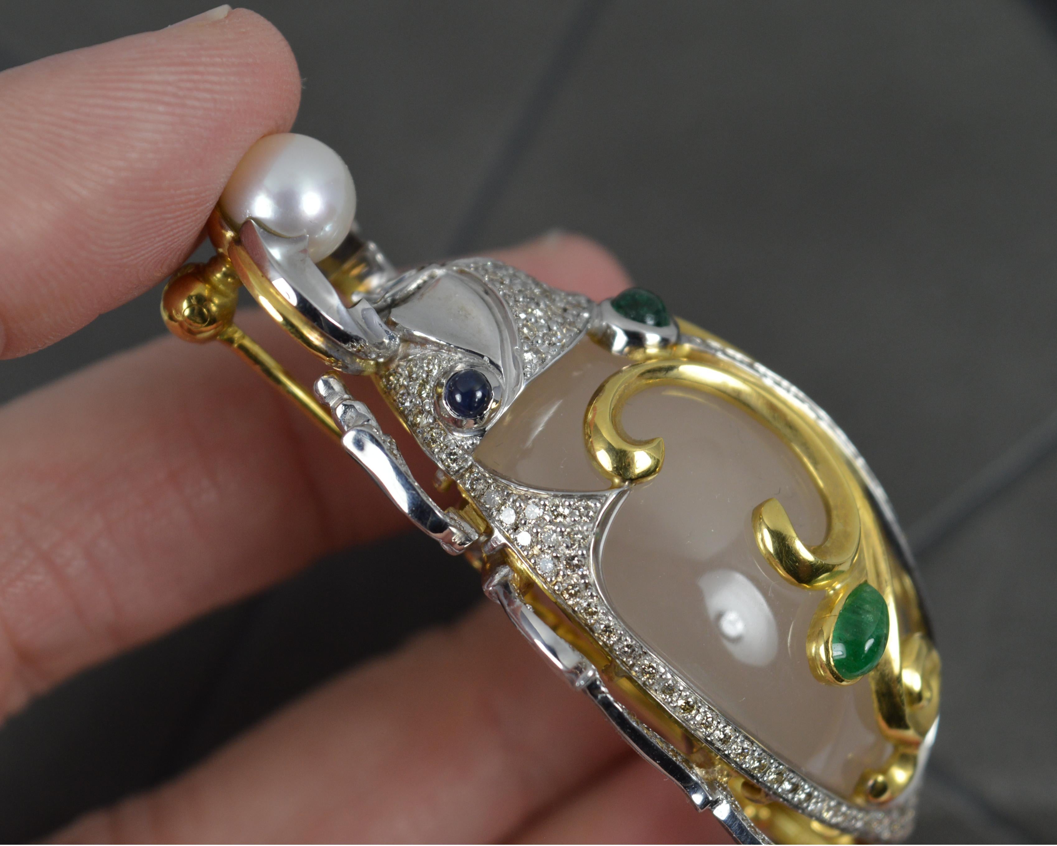 Unglaubliche BEETLE-Brosche, 18 Karat Gold Achat Saphir Smaragd Perle Diamant 44,7 g Damen