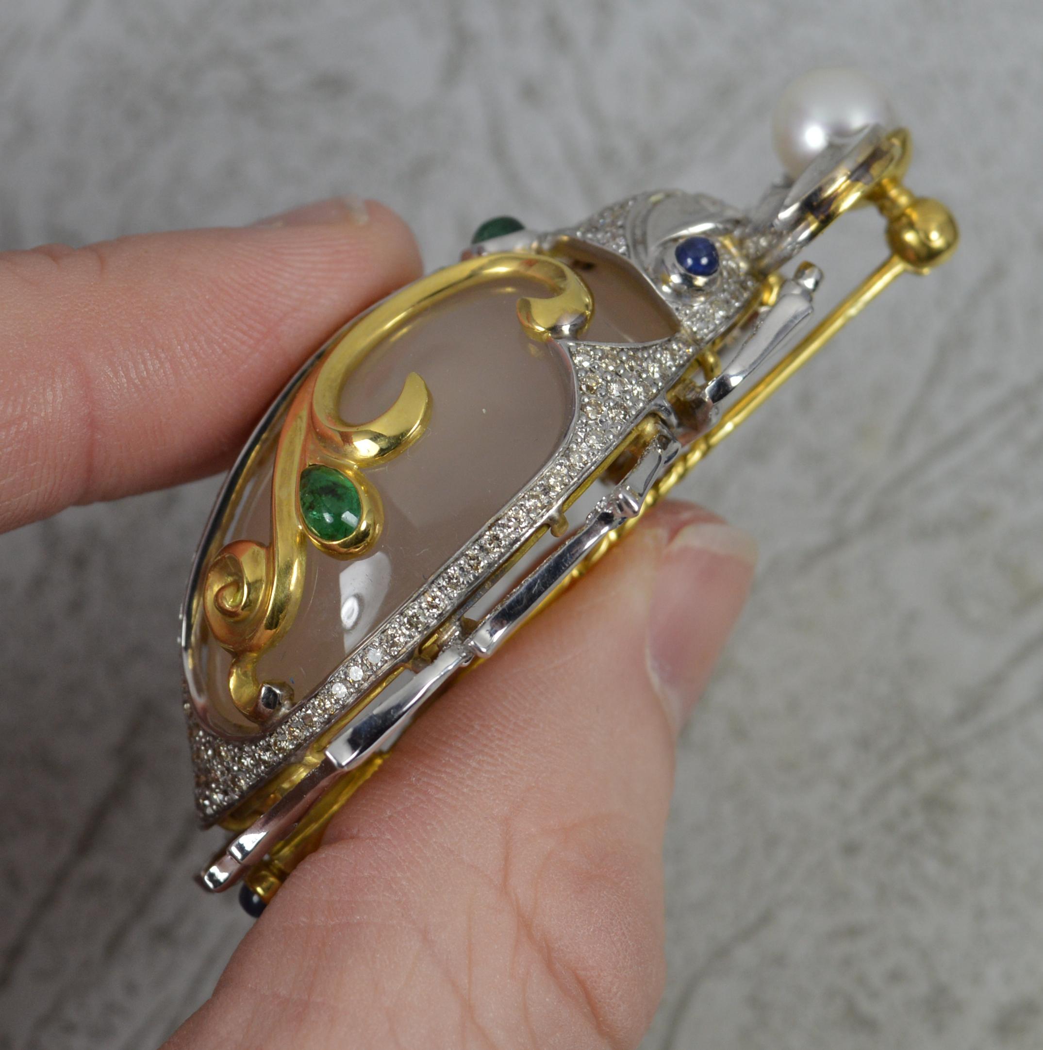 Unglaubliche BEETLE-Brosche, 18 Karat Gold Achat Saphir Smaragd Perle Diamant 44,7 g 3