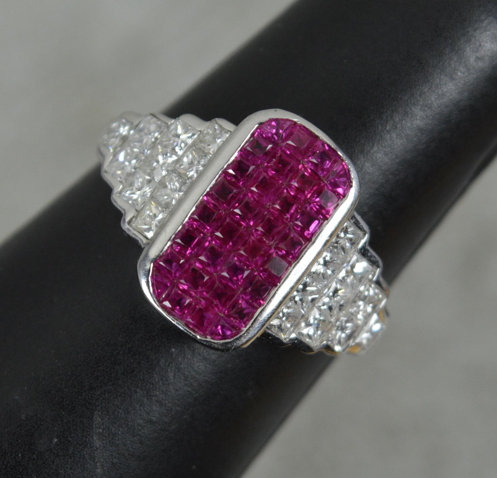 Incredible 18ct White Gold Ruby and Vs Diamond Cluster Panel Ring 8