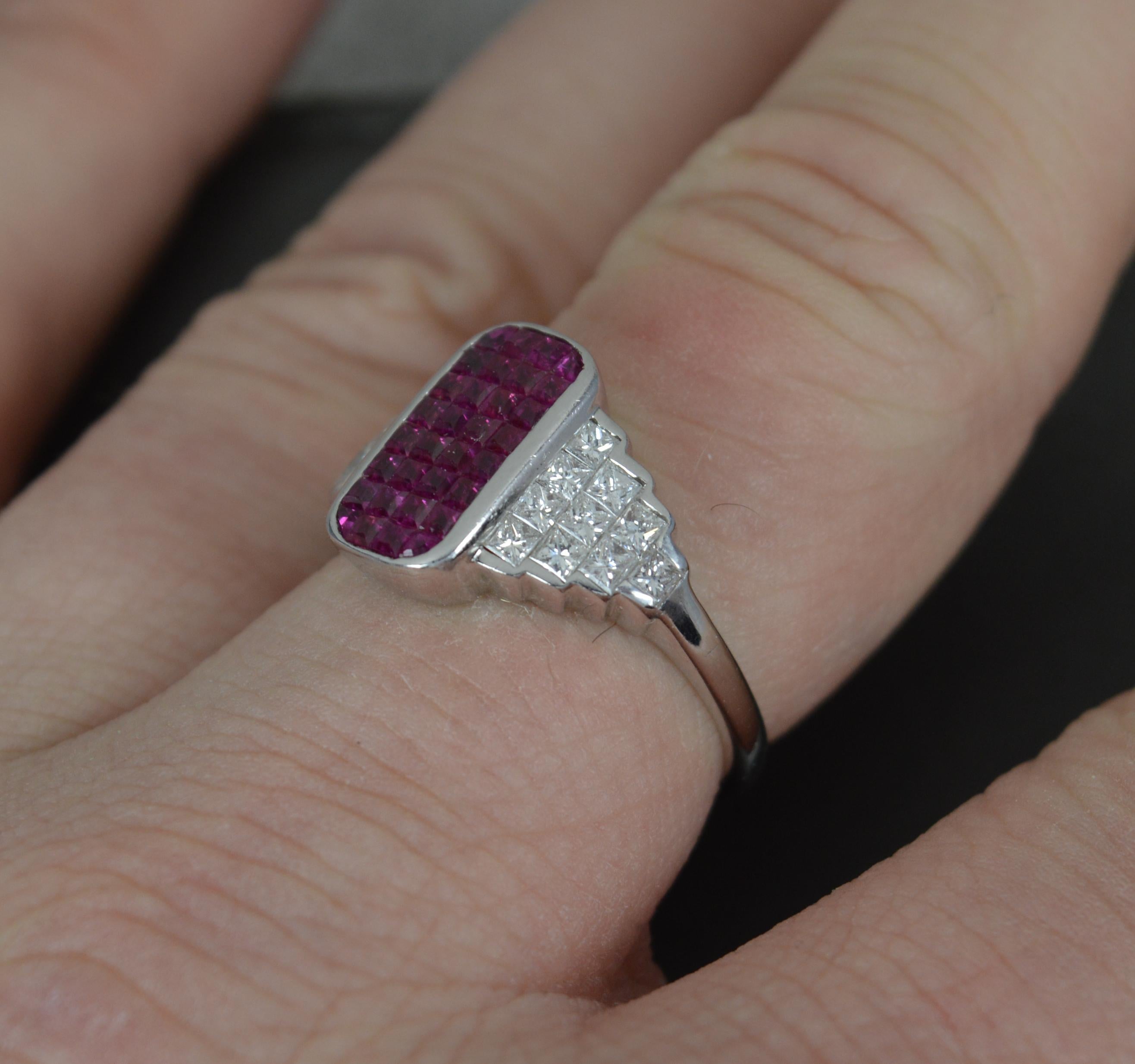 Princess Cut Incredible 18ct White Gold Ruby and Vs Diamond Cluster Panel Ring For Sale