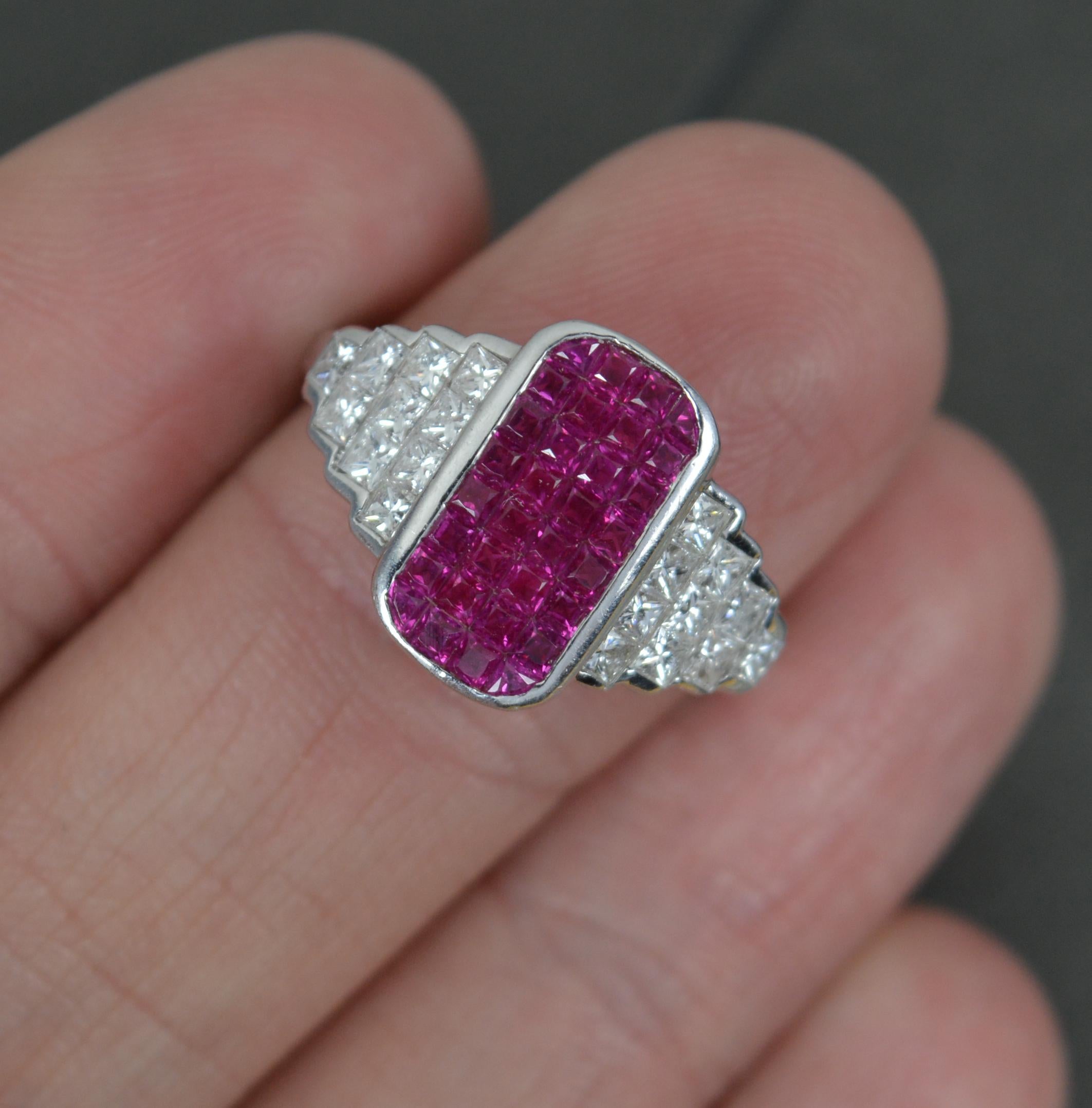 Women's Incredible 18ct White Gold Ruby and Vs Diamond Cluster Panel Ring For Sale