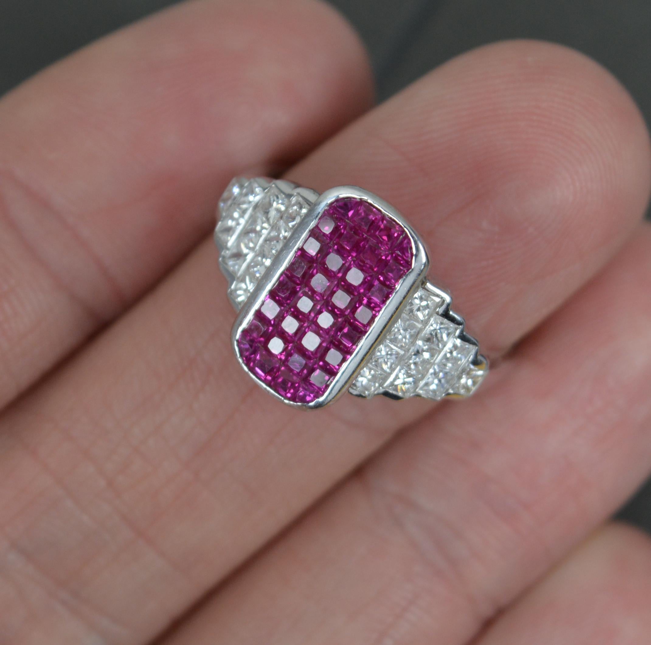 Incredible 18ct White Gold Ruby and Vs Diamond Cluster Panel Ring 1