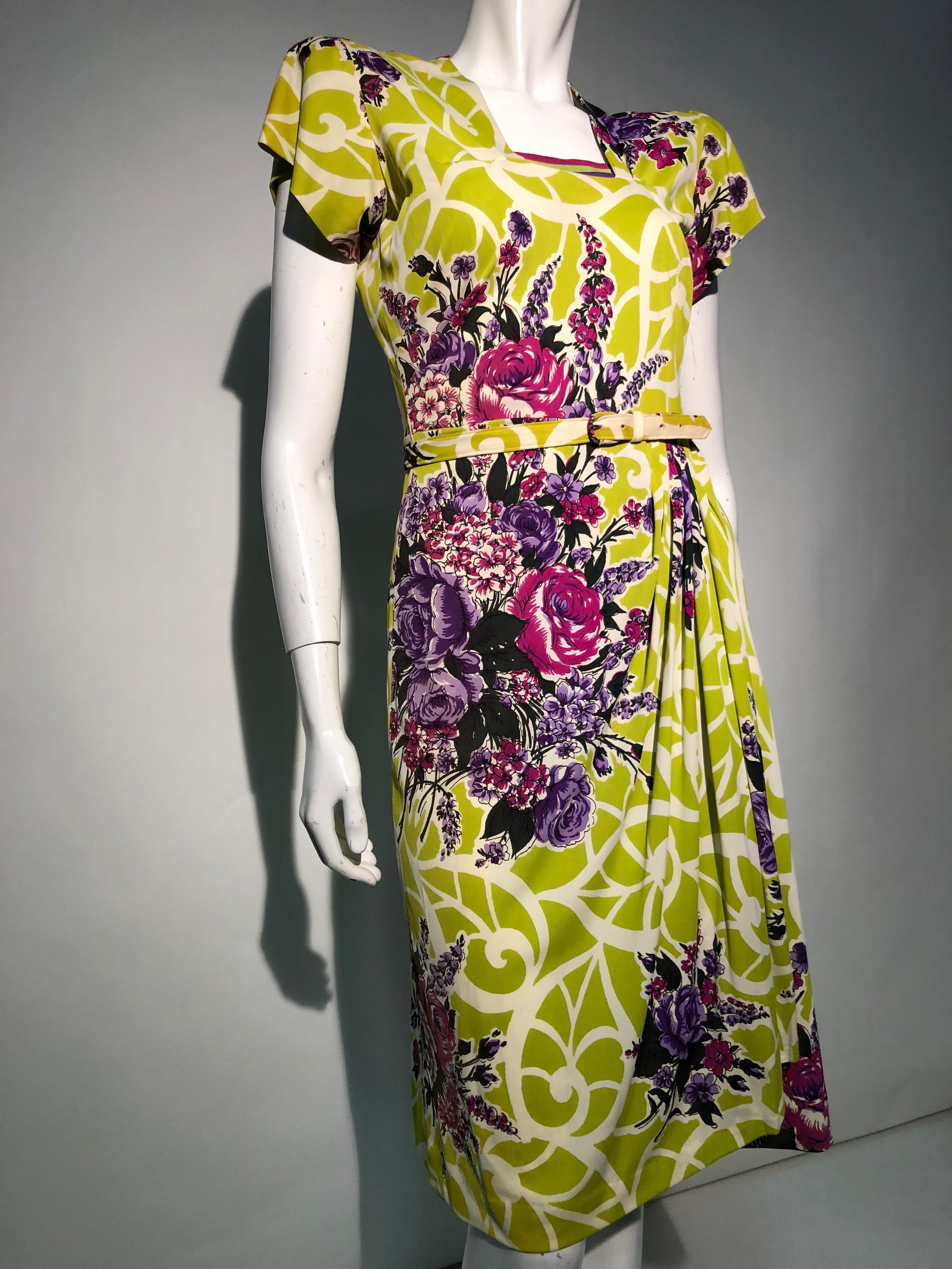 Incredible 1940s Nylon Jersey Swing Dress In A Spectacular Chartreuse and Floral For Sale 2