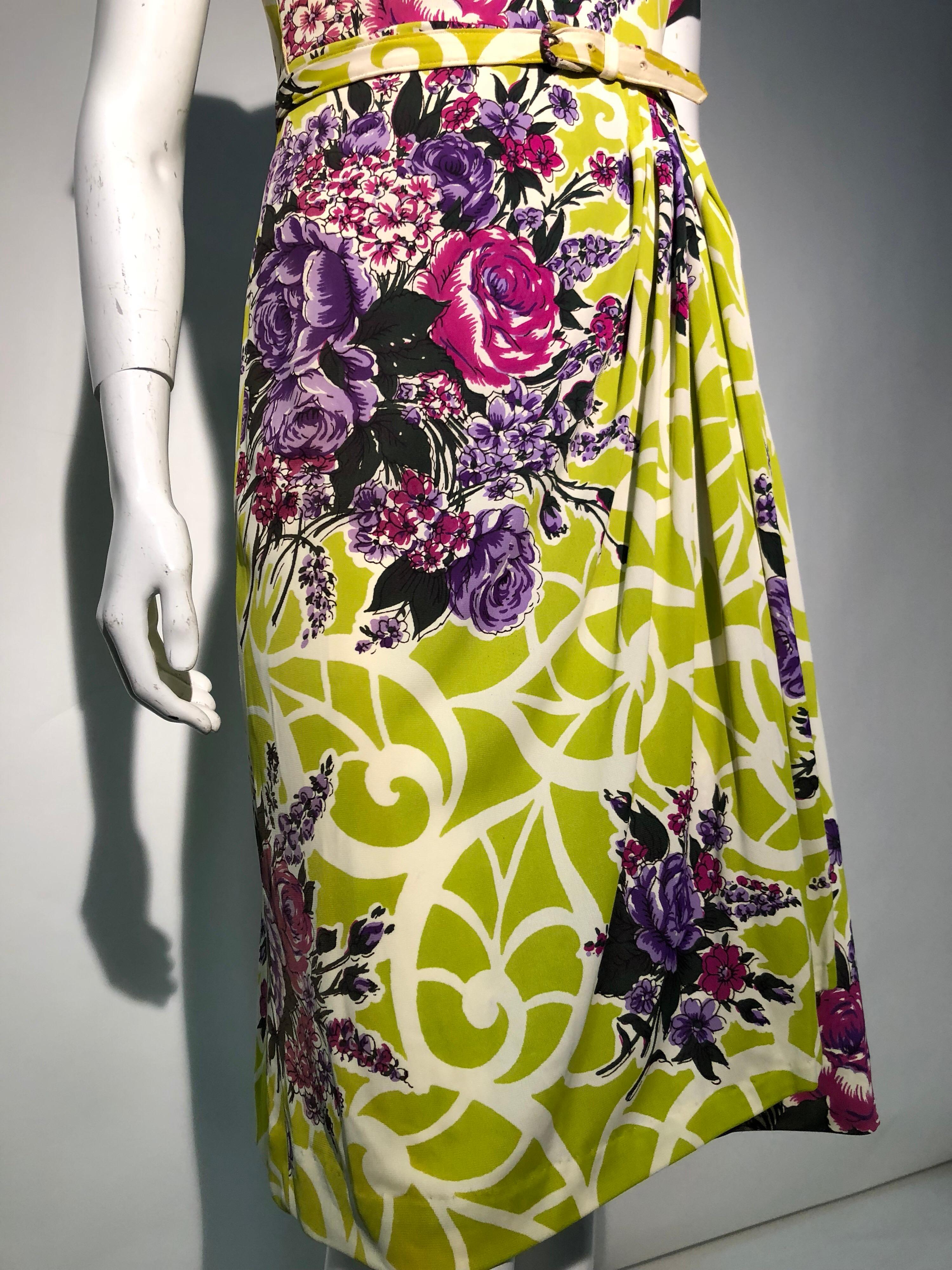 Incredible 1940s Nylon Jersey Swing Dress In A Spectacular Chartreuse and Floral For Sale 3