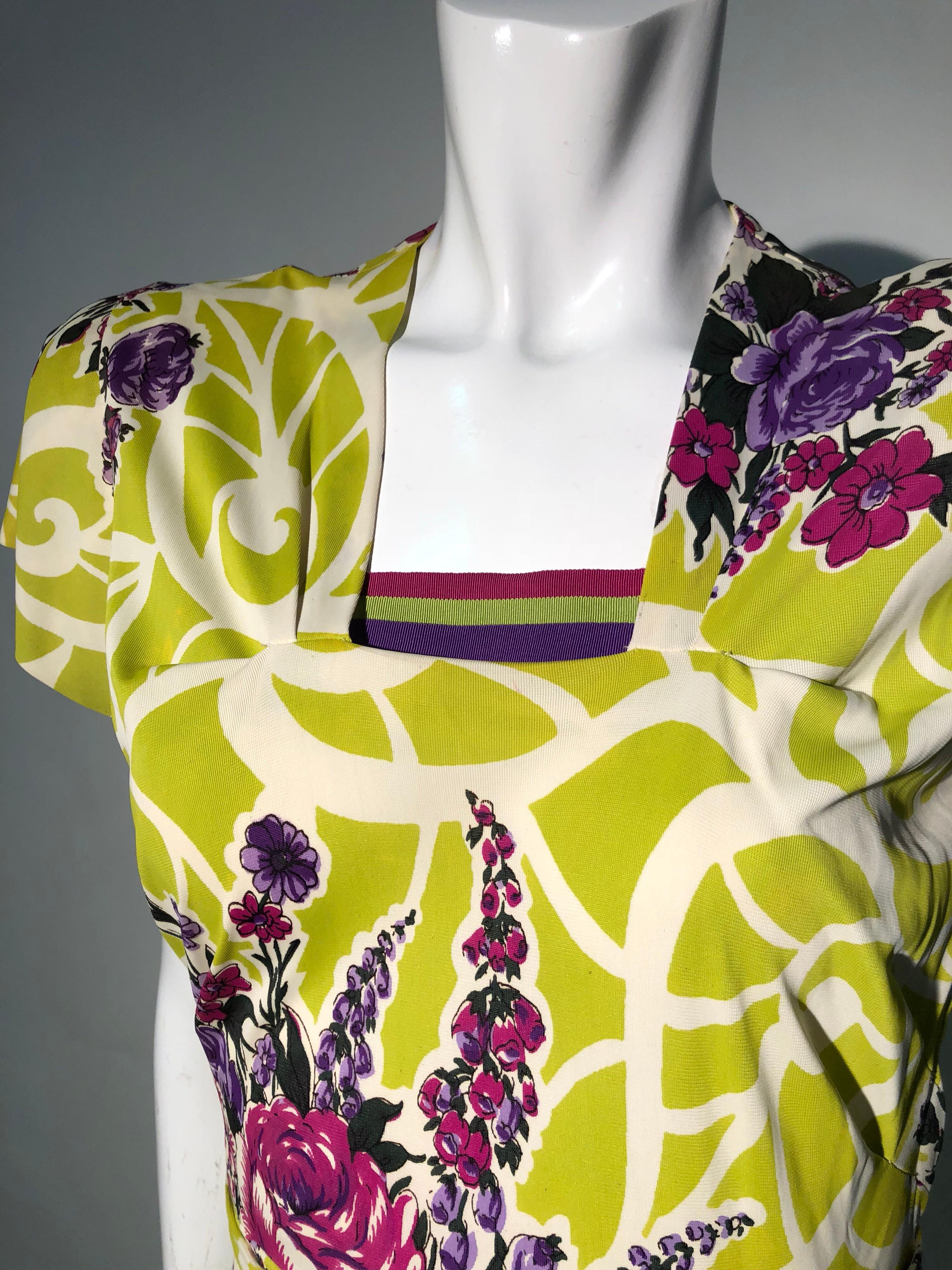 Incredible 1940s Nylon Jersey Swing Dress In A Spectacular Chartreuse and Floral For Sale 4
