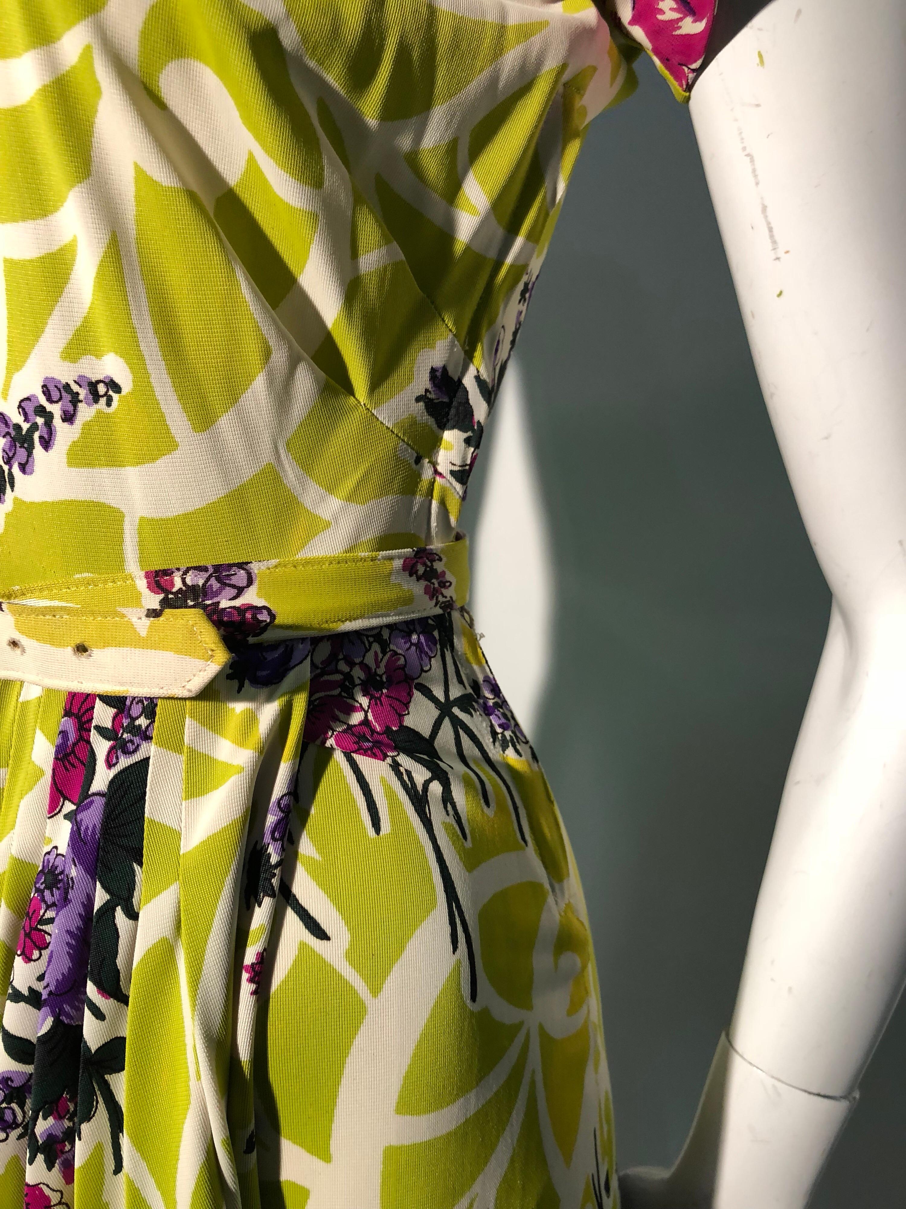 Incredible 1940s Nylon Jersey Swing Dress In A Spectacular Chartreuse and Floral For Sale 5