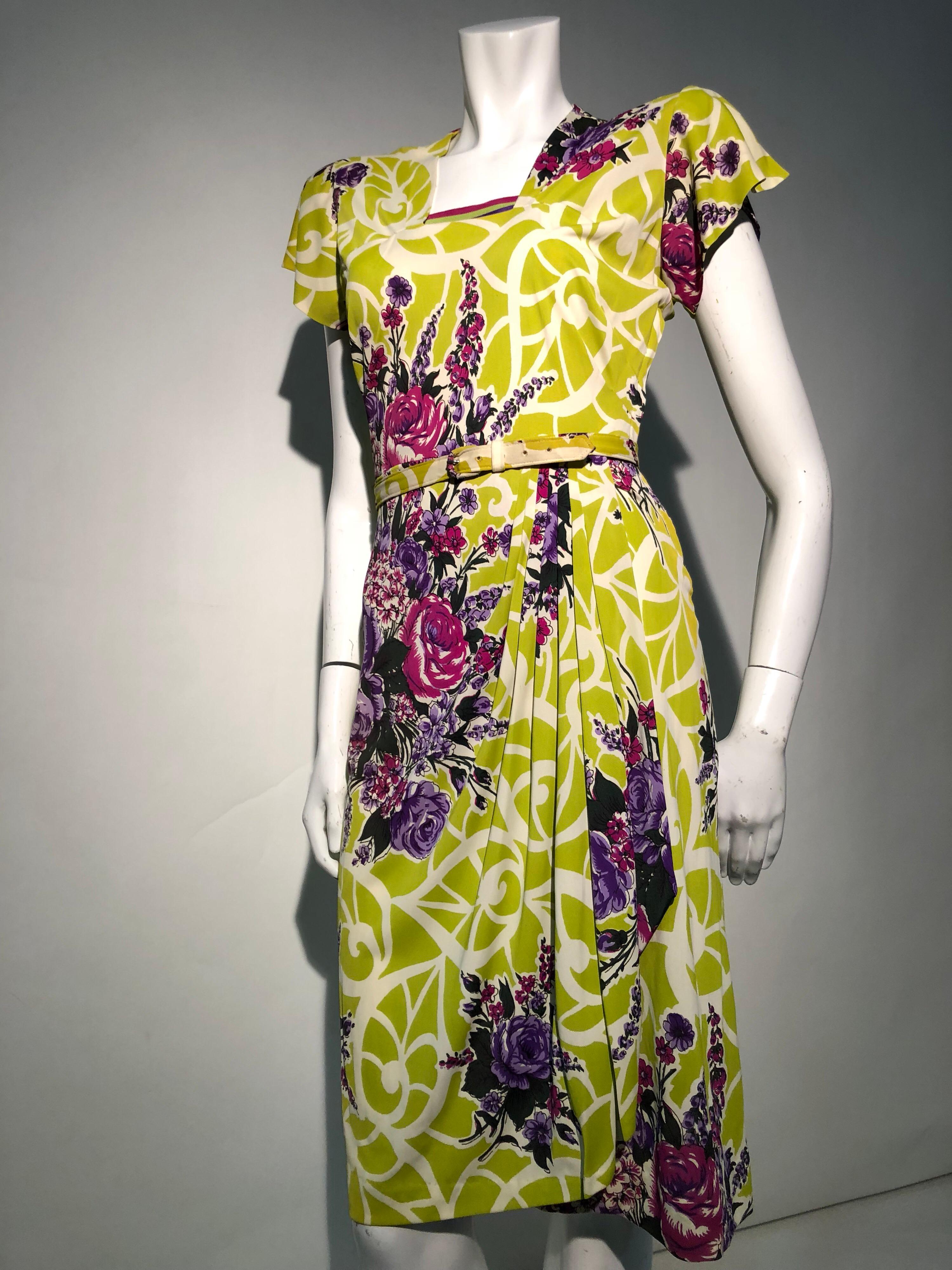 Incredible 1940s Nylon Jersey Swing Dress In A Spectacular Chartreuse and Floral In Excellent Condition For Sale In Gresham, OR
