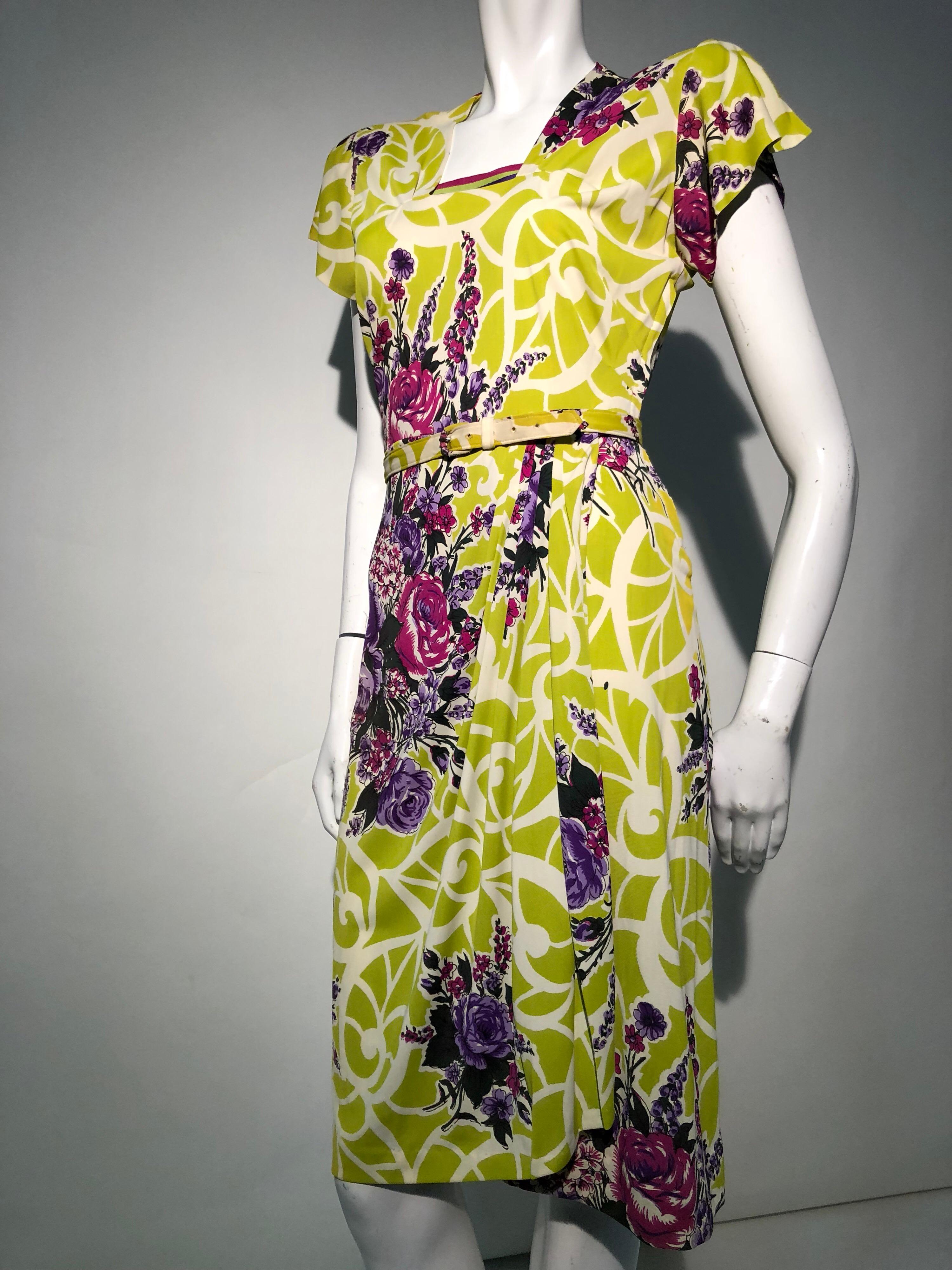 Incredible 1940s Nylon Jersey Swing Dress In A Spectacular Chartreuse and Floral For Sale 1