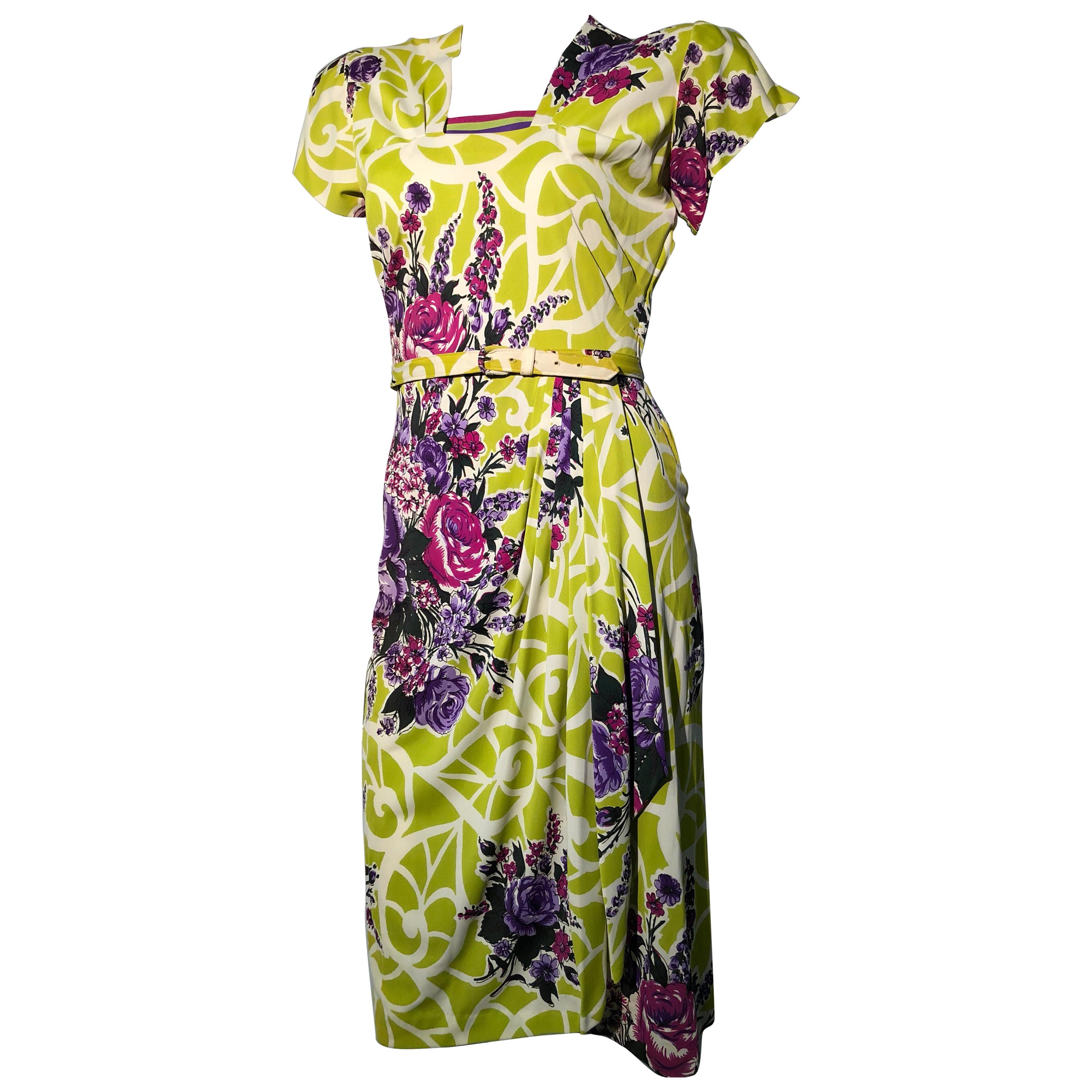 Increíble Vestido Swing de Jersey de Nylon de los Años 40 en un Espectacular Chartreuse y Floral en venta
