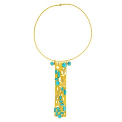 Incredible 1960s Modernist Persian Turquoise Set Gold Necklace