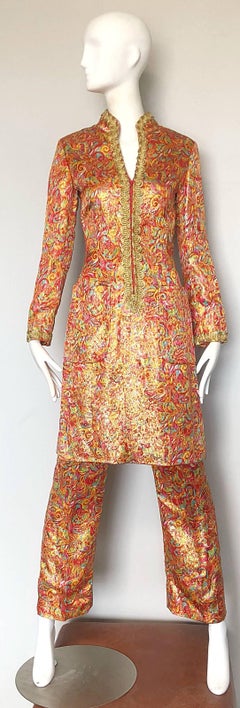 Incredible 1970s Neusteters Mosaic Print Tunic Dress + Flared Leg Pants Ensemble