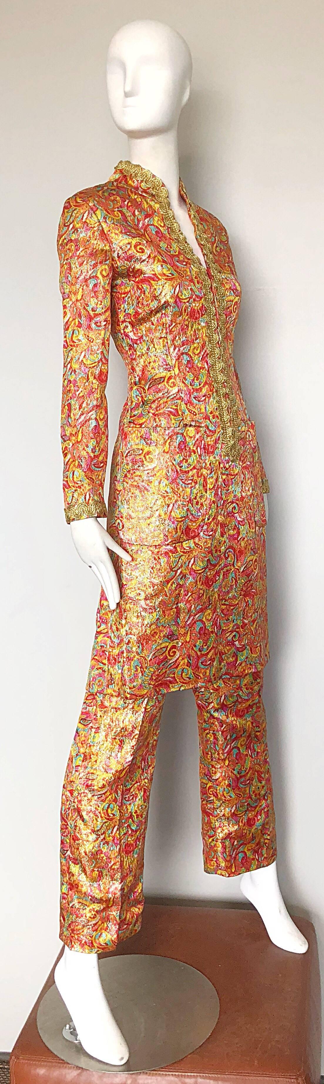 Incredible 1970s Neusteters Mosaic Print Tunic Dress + Flared Leg Pants Ensemble In Excellent Condition For Sale In San Diego, CA
