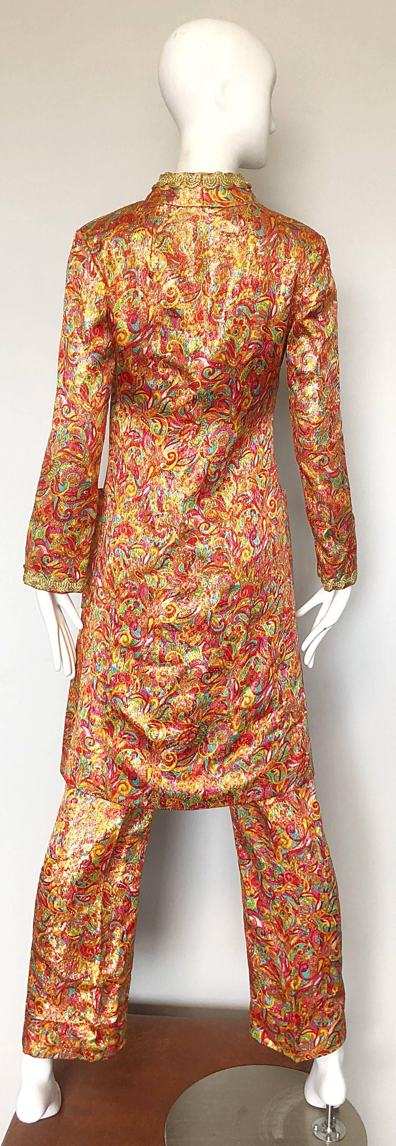 Unglaubliches 1970er Neusteters Mosaik Print Tunika Kleid + ausgestellte Hose Ensemble Damen im Angebot