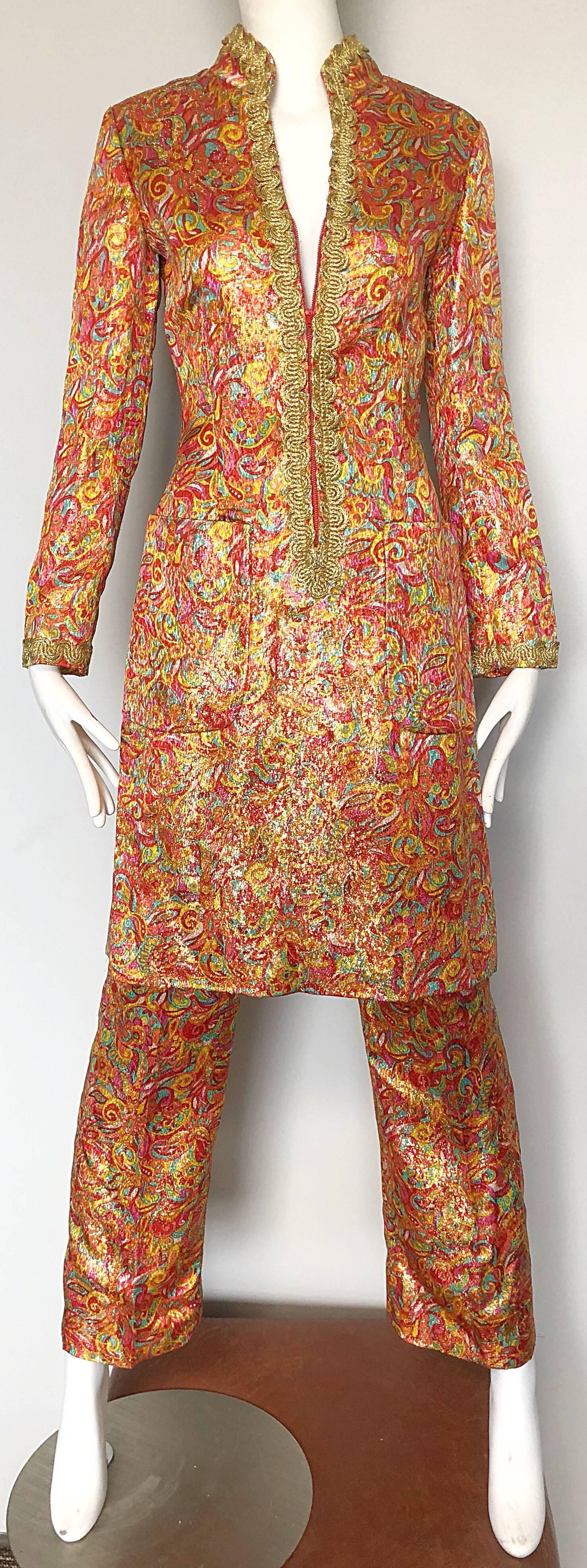 Incredible 1970s Neusteters Mosaic Print Tunic Dress + Flared Leg Pants Ensemble For Sale 1