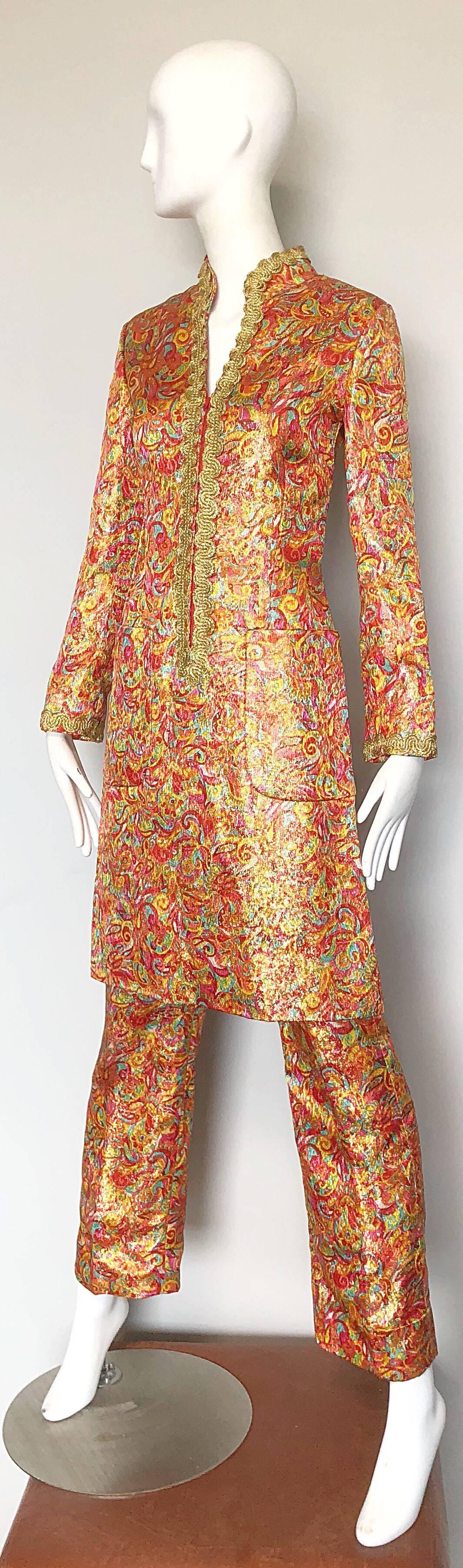 Incredible 1970s Neusteters Mosaic Print Tunic Dress + Flared Leg Pants Ensemble For Sale 2