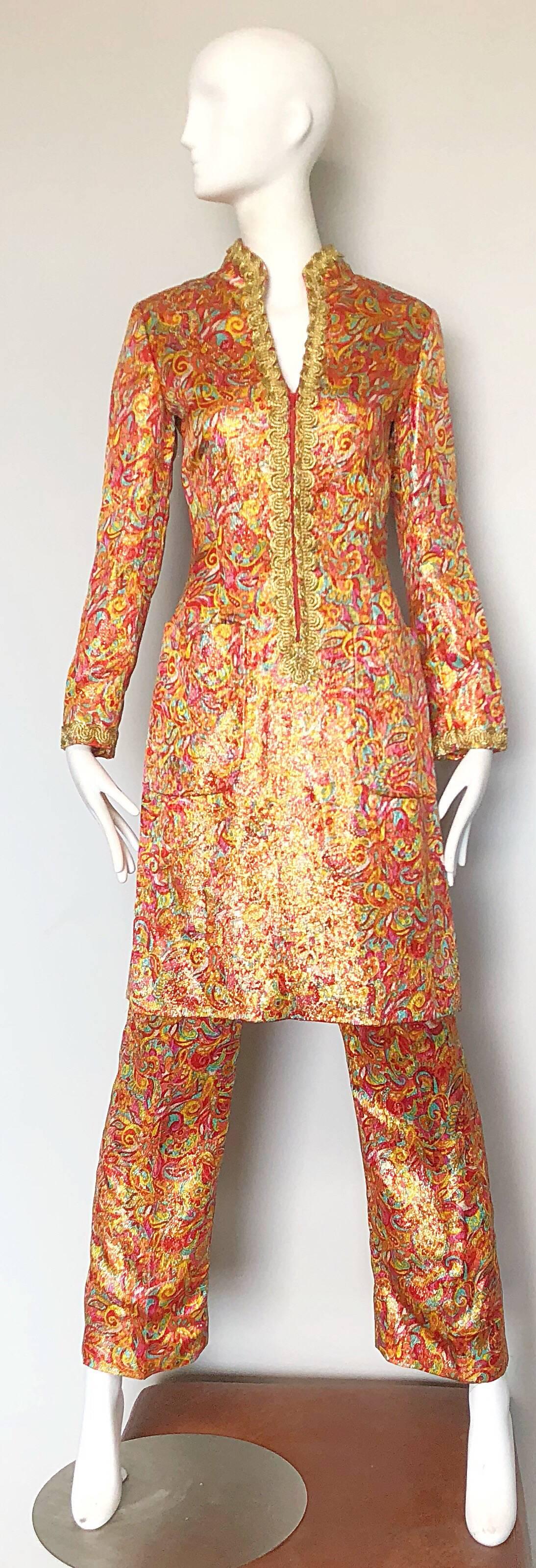 Incredible 1970s Neusteters Mosaic Print Tunic Dress + Flared Leg Pants Ensemble For Sale 4