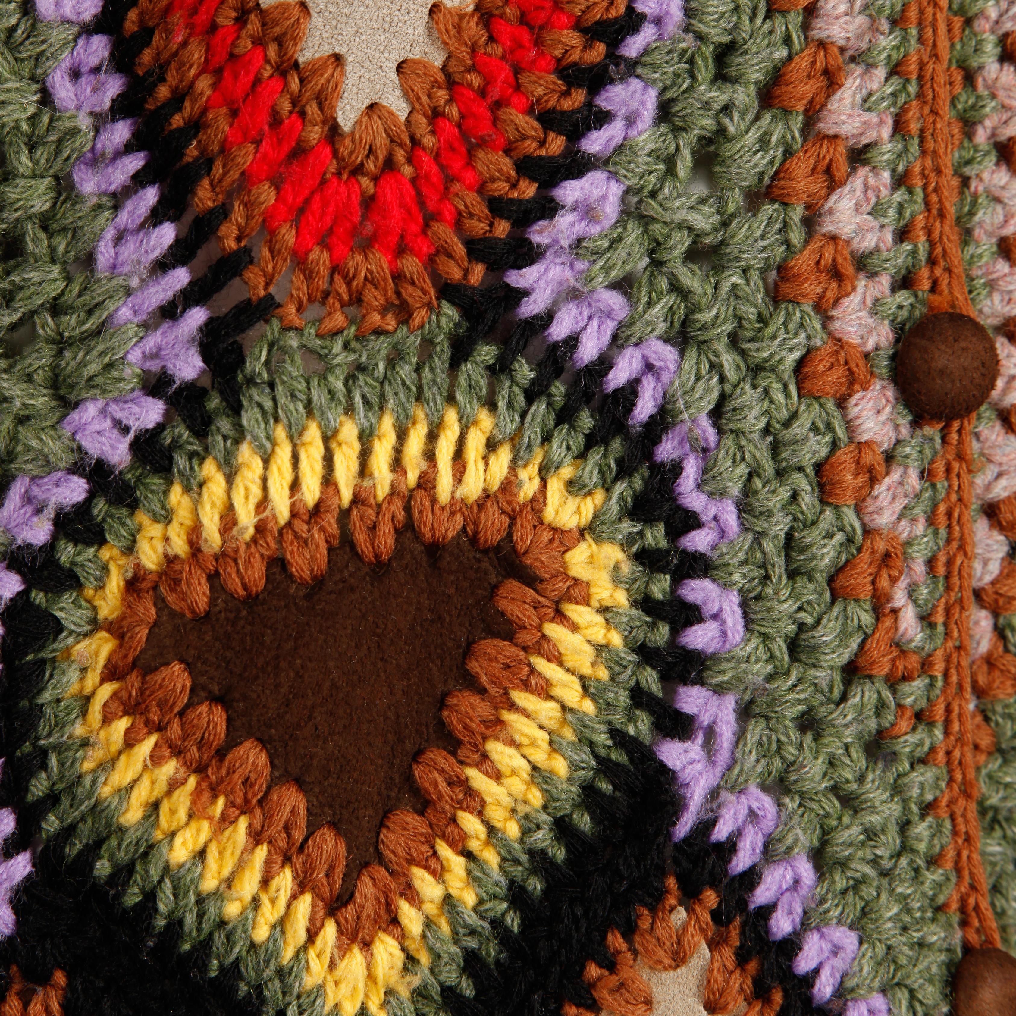 Incredible 1970s Vintage Hippie Boho Crochet Wool + Suede Leather Vest Jacket 2