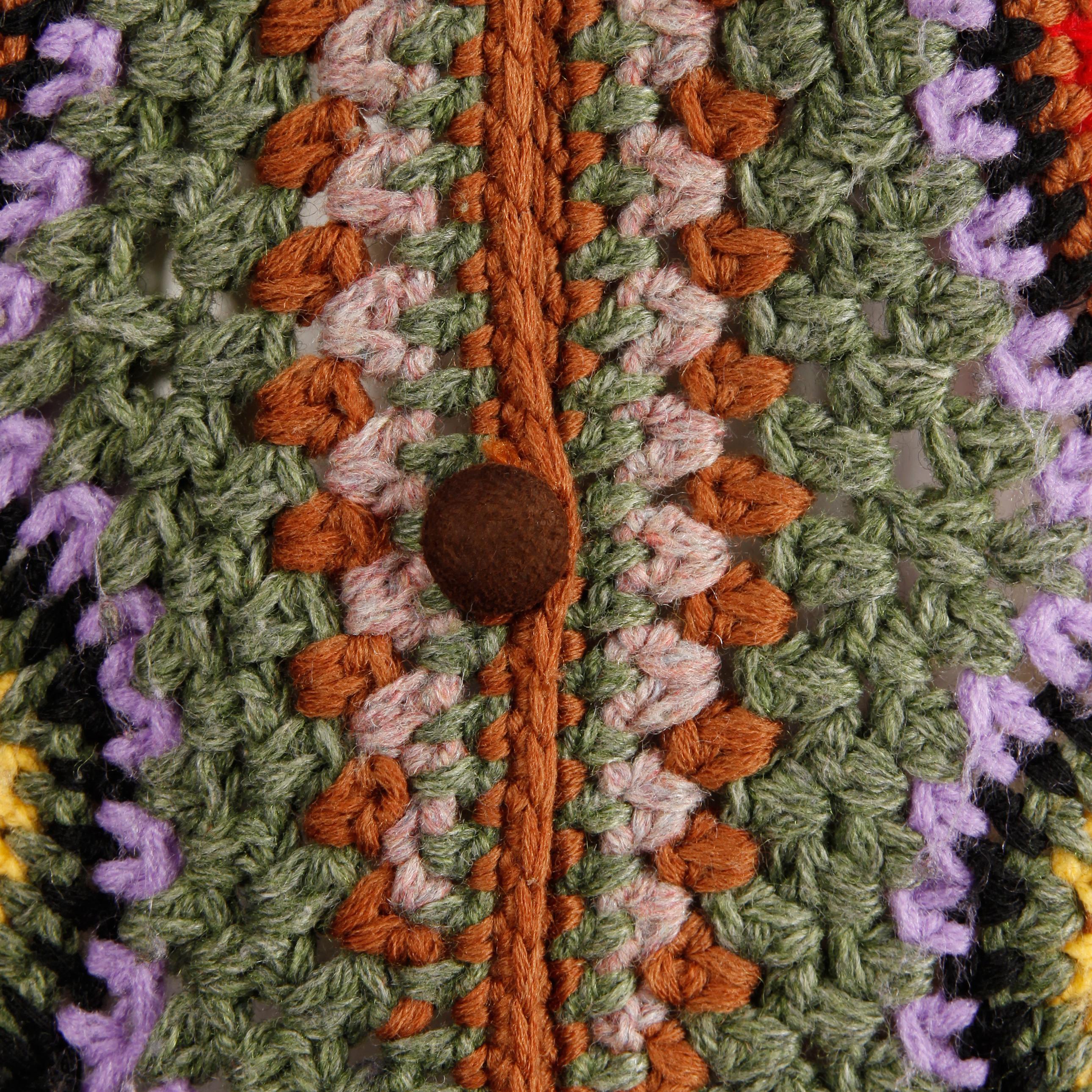 Brown Incredible 1970s Vintage Hippie Boho Crochet Wool + Suede Leather Vest Jacket