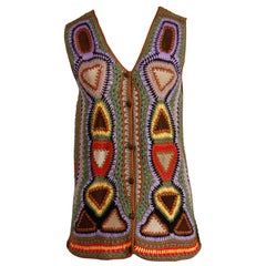 Incredible 1970s Vintage Hippie Boho Crochet Wool + Suede Leather Vest Jacket