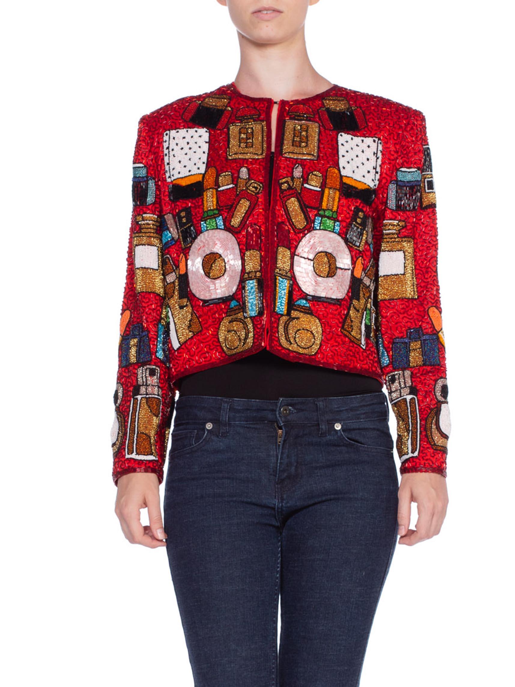 1980'S Red Silk Satin  Jacket Beaded With Lipsticks And Perfume Bottles In Good Condition In New York, NY