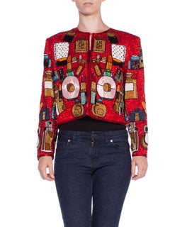 1980'S Red Silk Satin Jacket Beaded With Lipsticks And Perfume Bottles