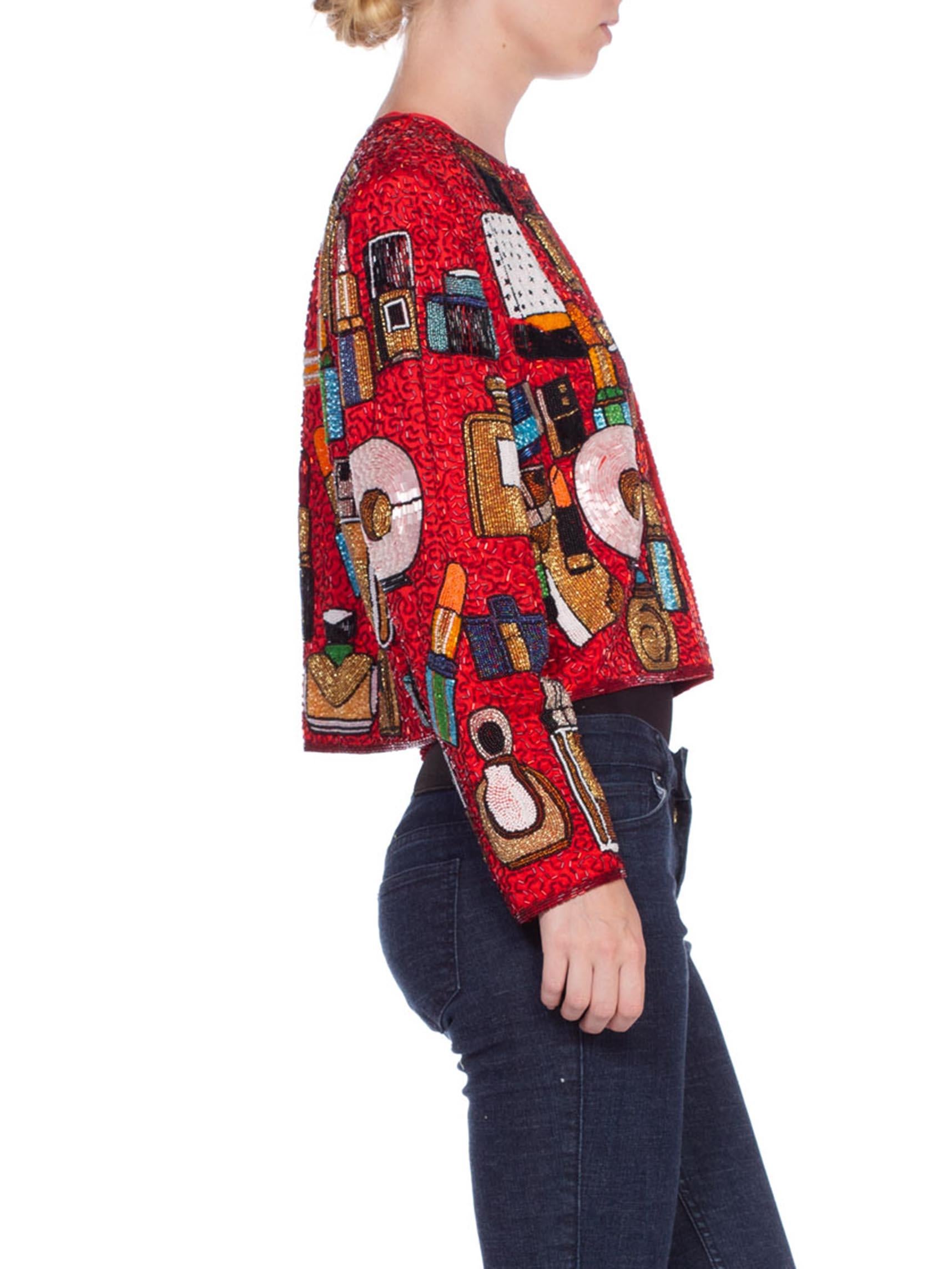 Women's 1980'S Red Silk Satin  Jacket Beaded With Lipsticks And Perfume Bottles