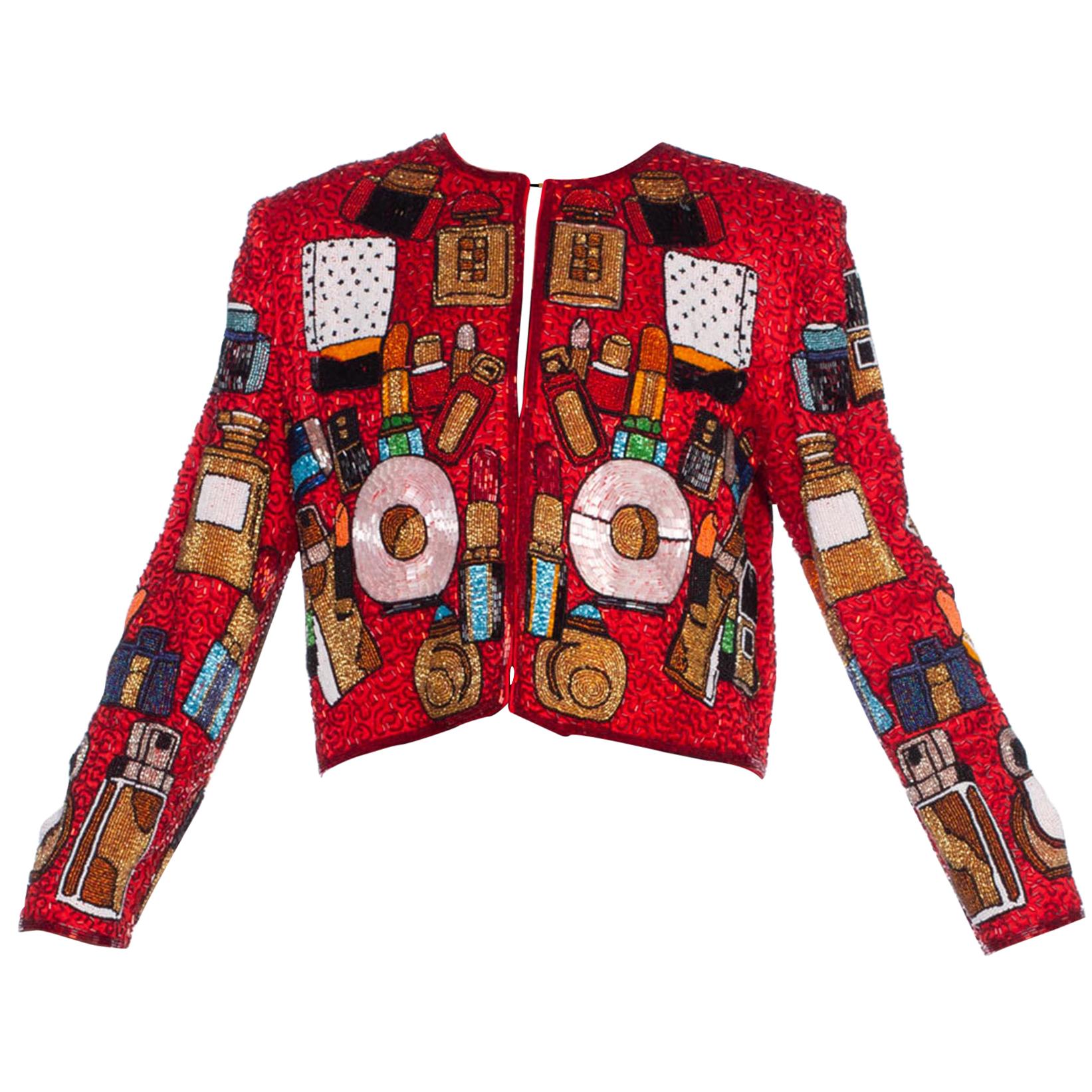 1980'S Red Silk Satin  Jacket Beaded With Lipsticks And Perfume Bottles