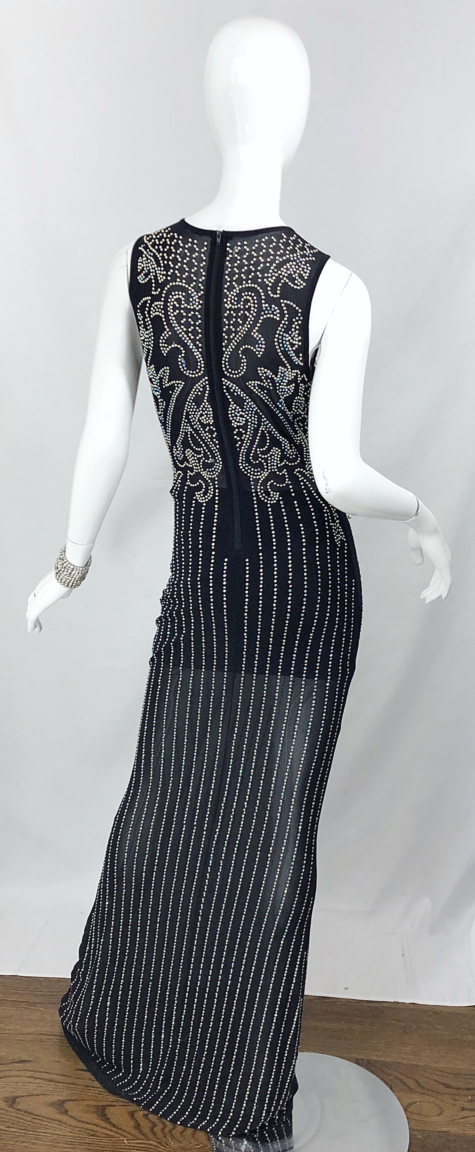 Incredible 1990s Black Pearl Rhinestone Studded Sheer Mesh Vintage Gown For Sale 3