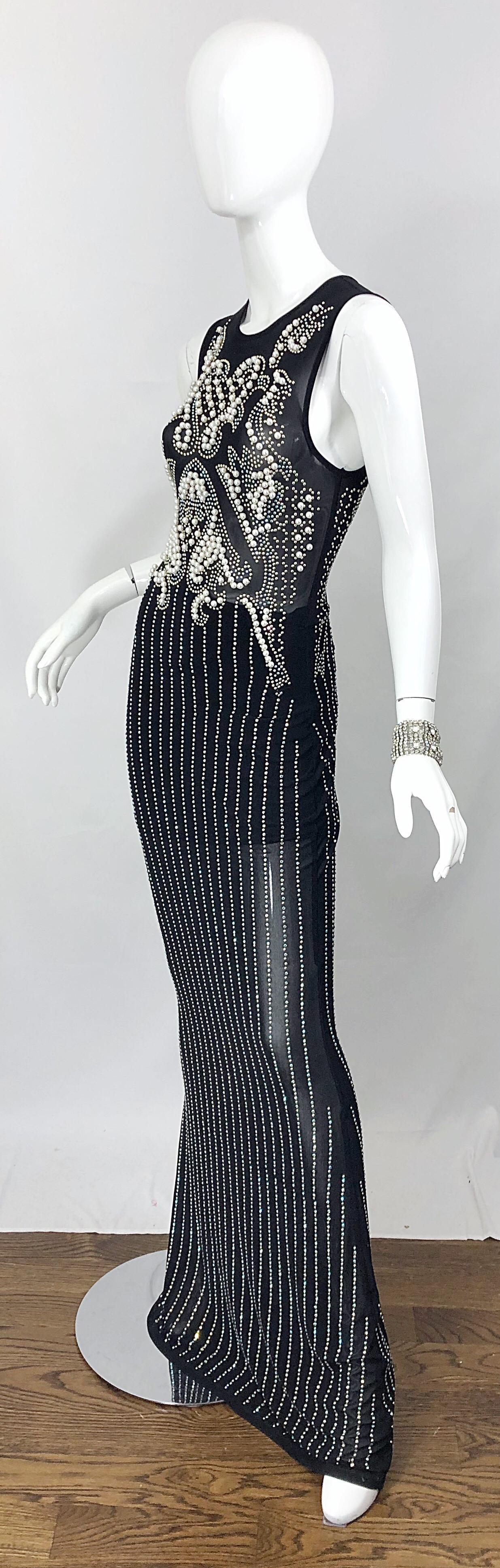 Incredible 1990s Black Pearl Rhinestone Studded Sheer Mesh Vintage Gown For Sale 6