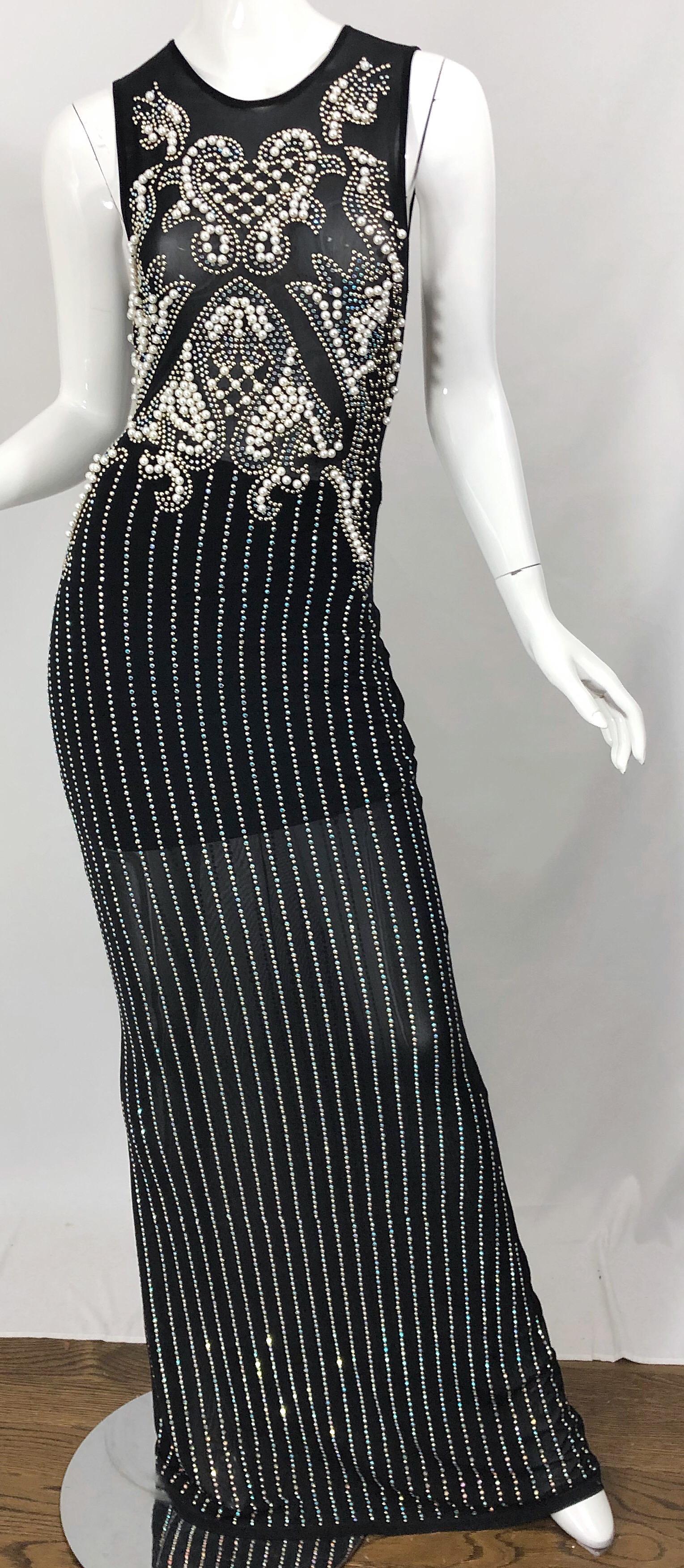 Incredible 1990s Black Pearl Rhinestone Studded Sheer Mesh Vintage Gown For Sale 7
