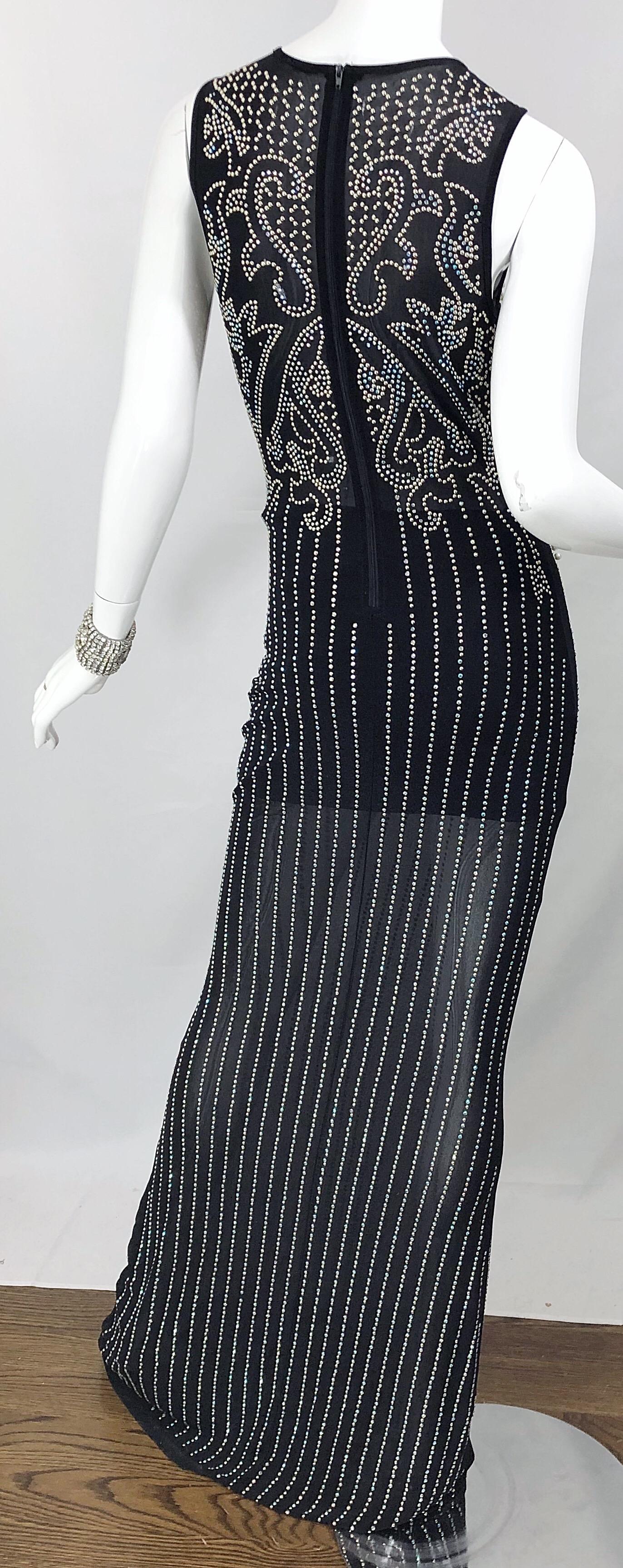 Incredible 1990s Black Pearl Rhinestone Studded Sheer Mesh Vintage Gown For Sale 9