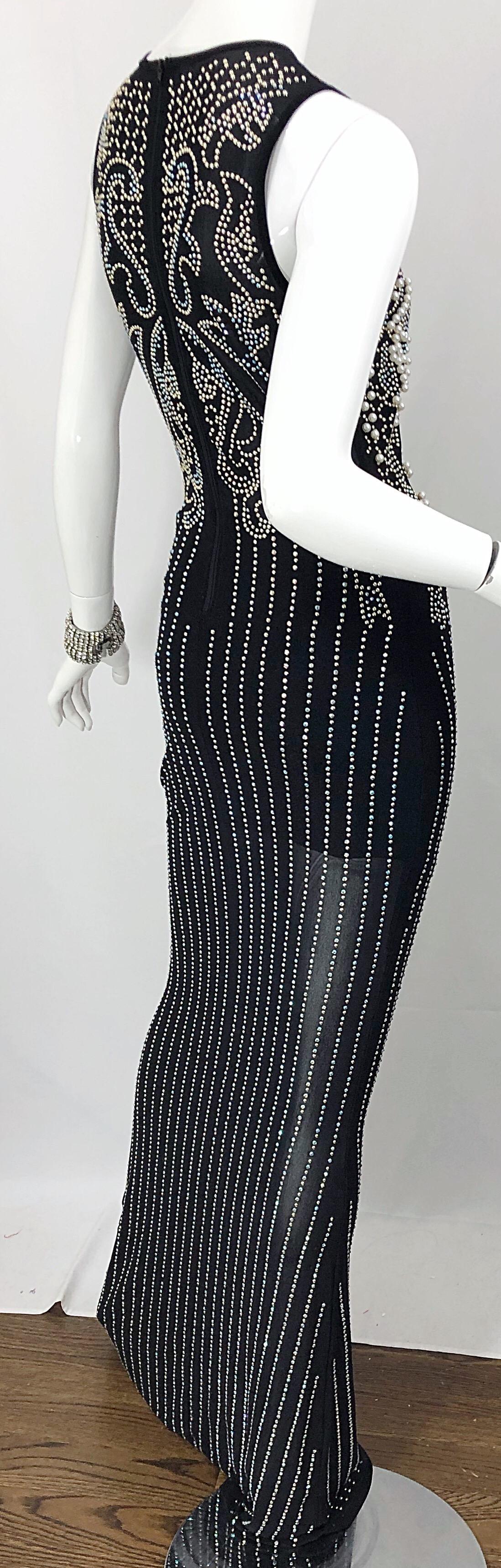 Incredible 1990s Black Pearl Rhinestone Studded Sheer Mesh Vintage Gown For Sale 11