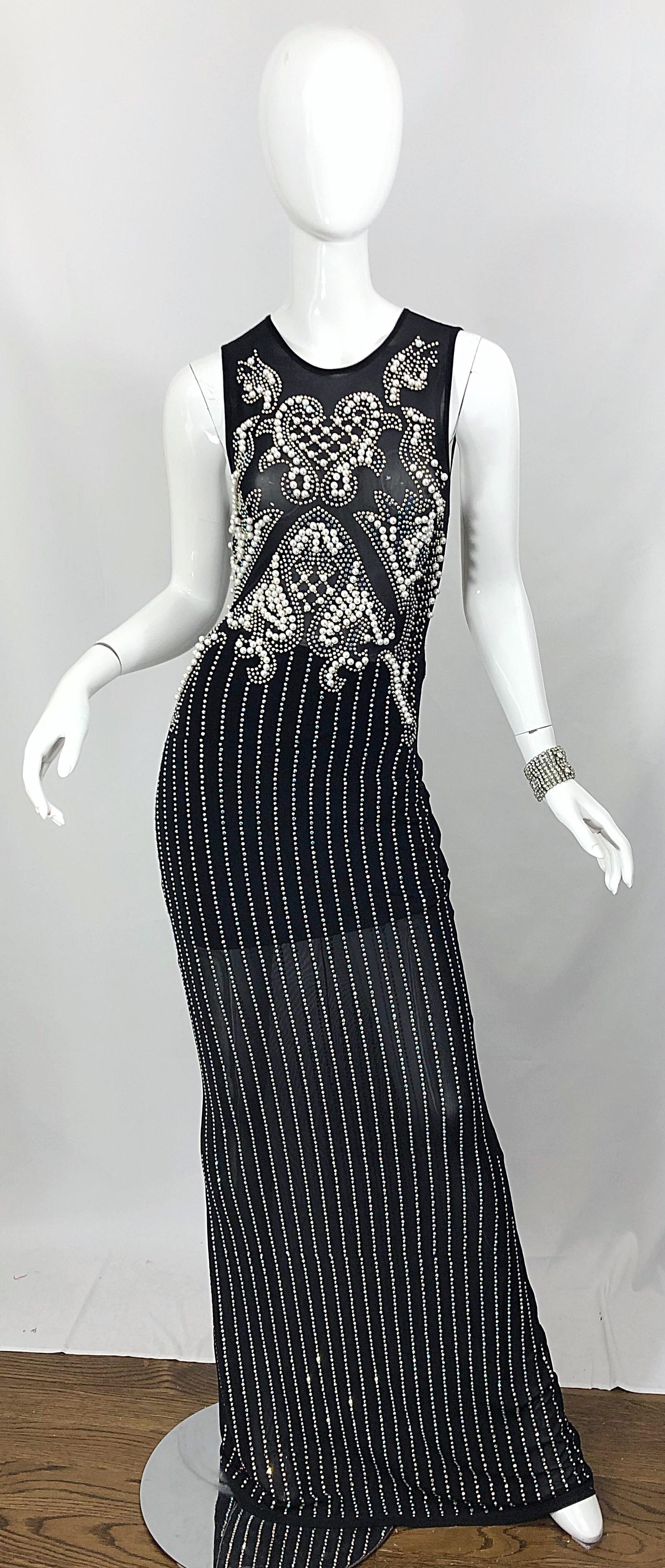 Incredible 1990s Black Pearl Rhinestone Studded Sheer Mesh Vintage Gown For Sale 12